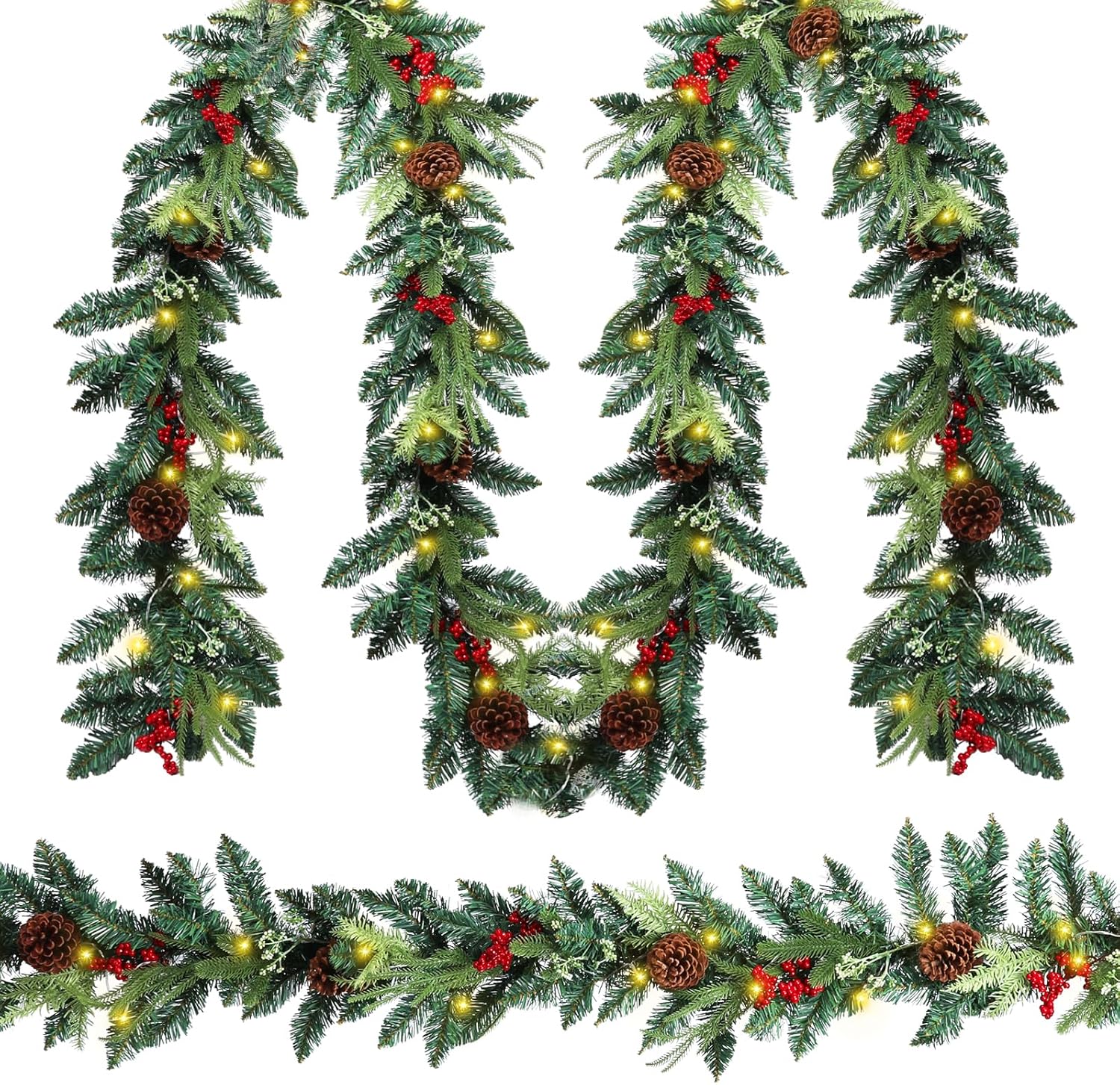 6 FT Christmas Garland with Lights Artificial Christmas Garlands with Red Berries and Pine Cone for Mantle Fireplace Wall Table Room Party Office Holiday Home Decor