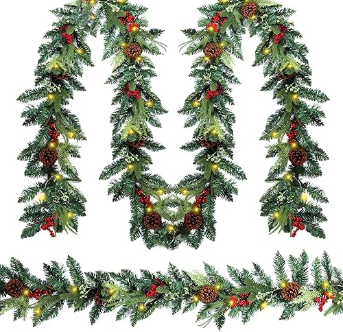 Miniatura 7 de Guirnalda de Navidad de 6 pies con luces, guirnaldas de Navidad artificiales con bayas rojas y cono de pino para chimenea, pared, mesa, habitación,