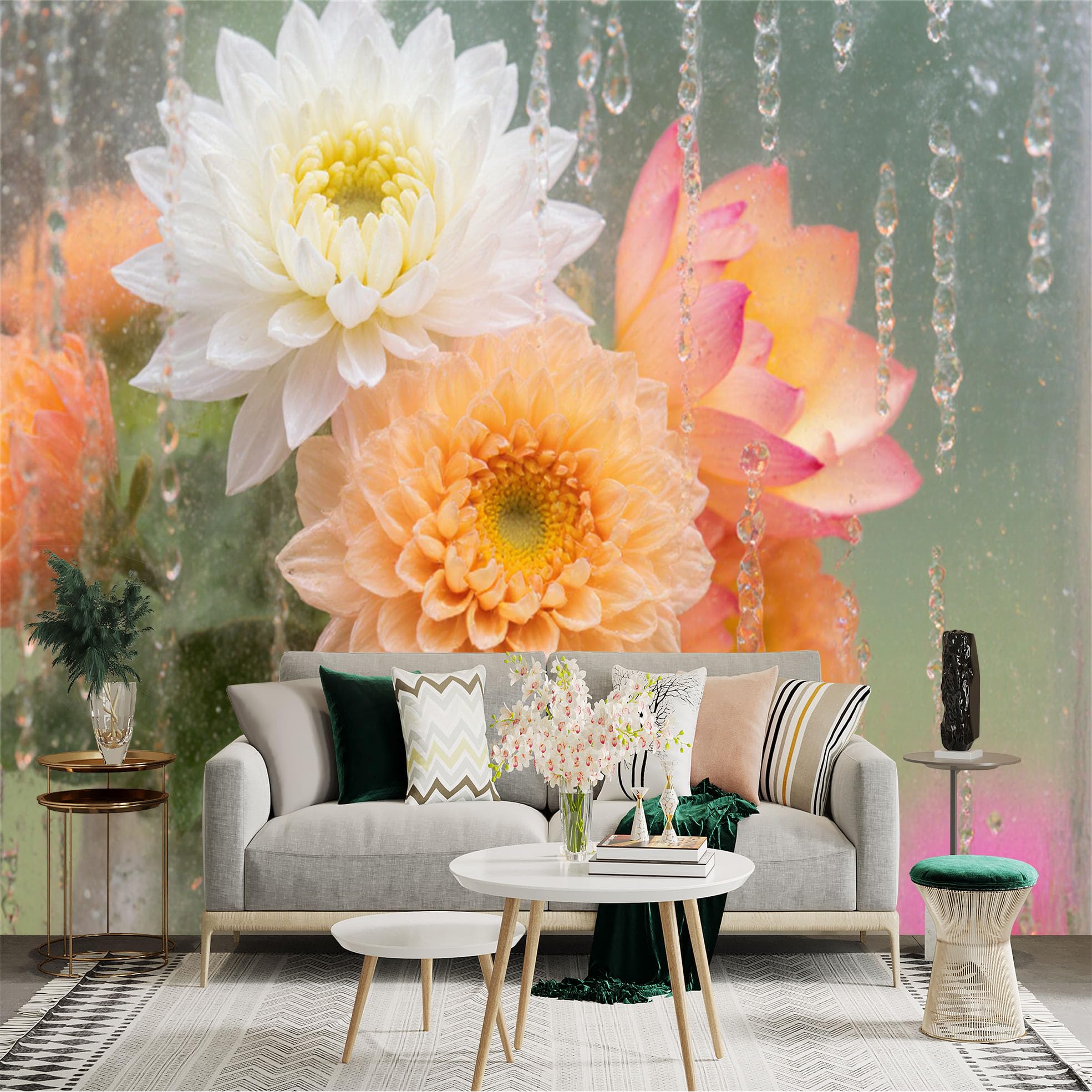Custom Size Wall Sticker Mural， Elegant Blooming Flowers， Raindrops on Glass Window， Soft Floral Background， for wall Decoration， peelandstick wall Decals.