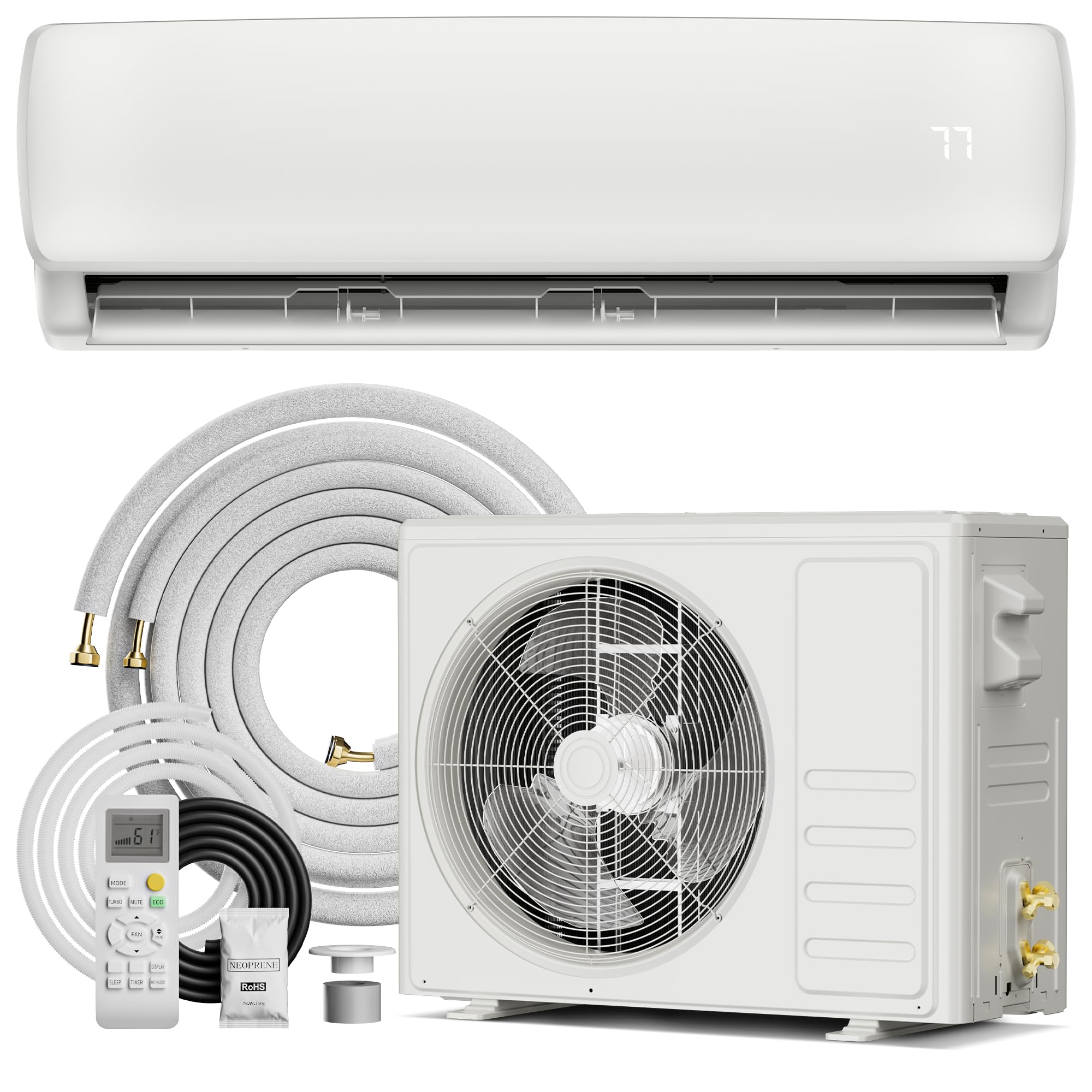 Sistema de calefacción de aire acondicionado minisplit Mountman de 12 000 BTU, 19 SEER2, 110 V, sistema inversor sin ductos de bajo consumo, que enfría hasta 750 pies cuadrados con kits de instalación de bomba de calor de condensador precargado.