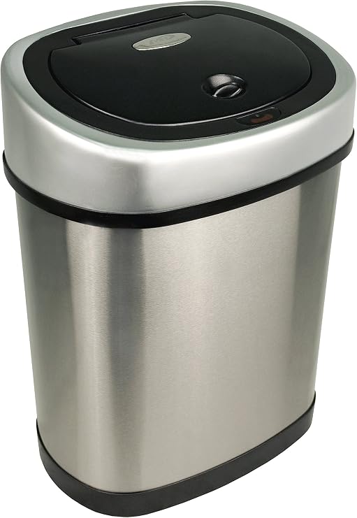 Ninestars 2-Piece Automatic Trash Can Combo Set, 13 Gal (50L) & 3 Gal (12L) Touchless Motion Sensor Garbage Cans with Odor-Sealing Lids, Oval Silver Stainless Steel, Black Lid