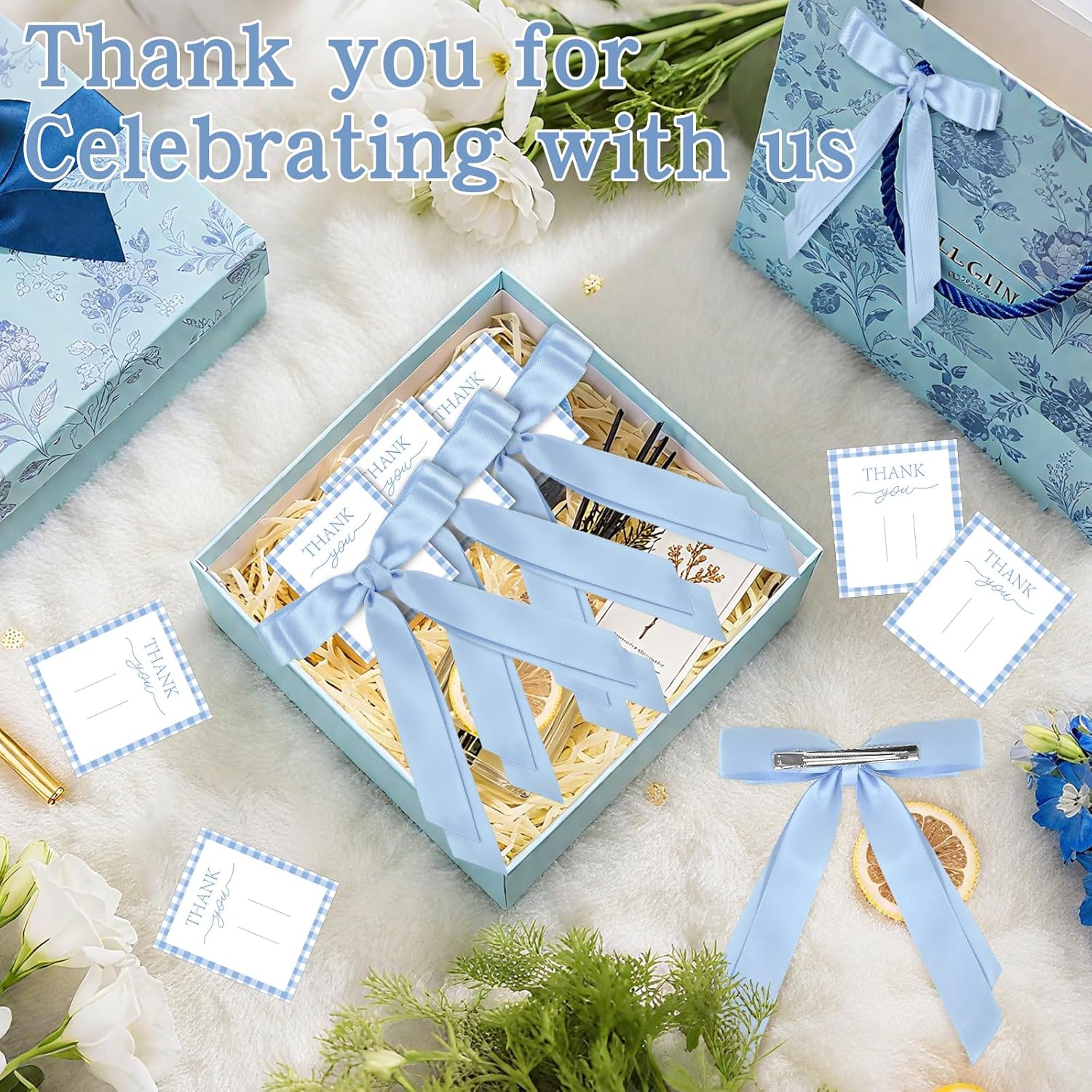 16 Pcs Coquette Blue Bow Hair Clips with Thank You Card, Coquette Party Favors Blue Satin Hair Bows Gift for Bachelorett Birthday Baby Shower Wedding Decorations and Gifts for Guests