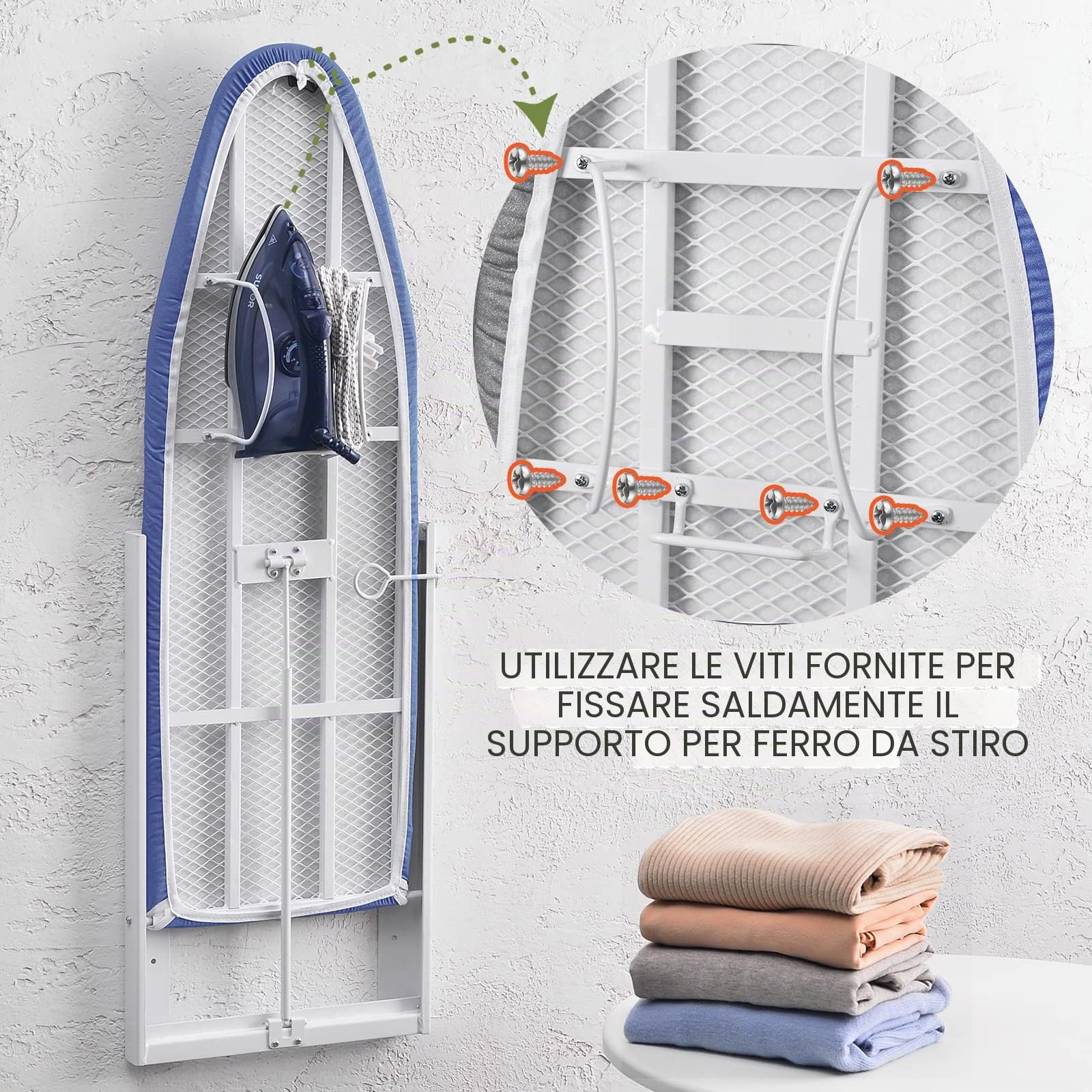 XABITAT - Asse da stiro a parete con supporto in ferro, 92 x 31 cm, pieghevole e compatto, per piccoli spazi, salvaspazio, con rivestimento in tessuto di cotone, bianco e blu | Design salvaspazio, rivestimento in cotone, misura compatta per lavanderia e a