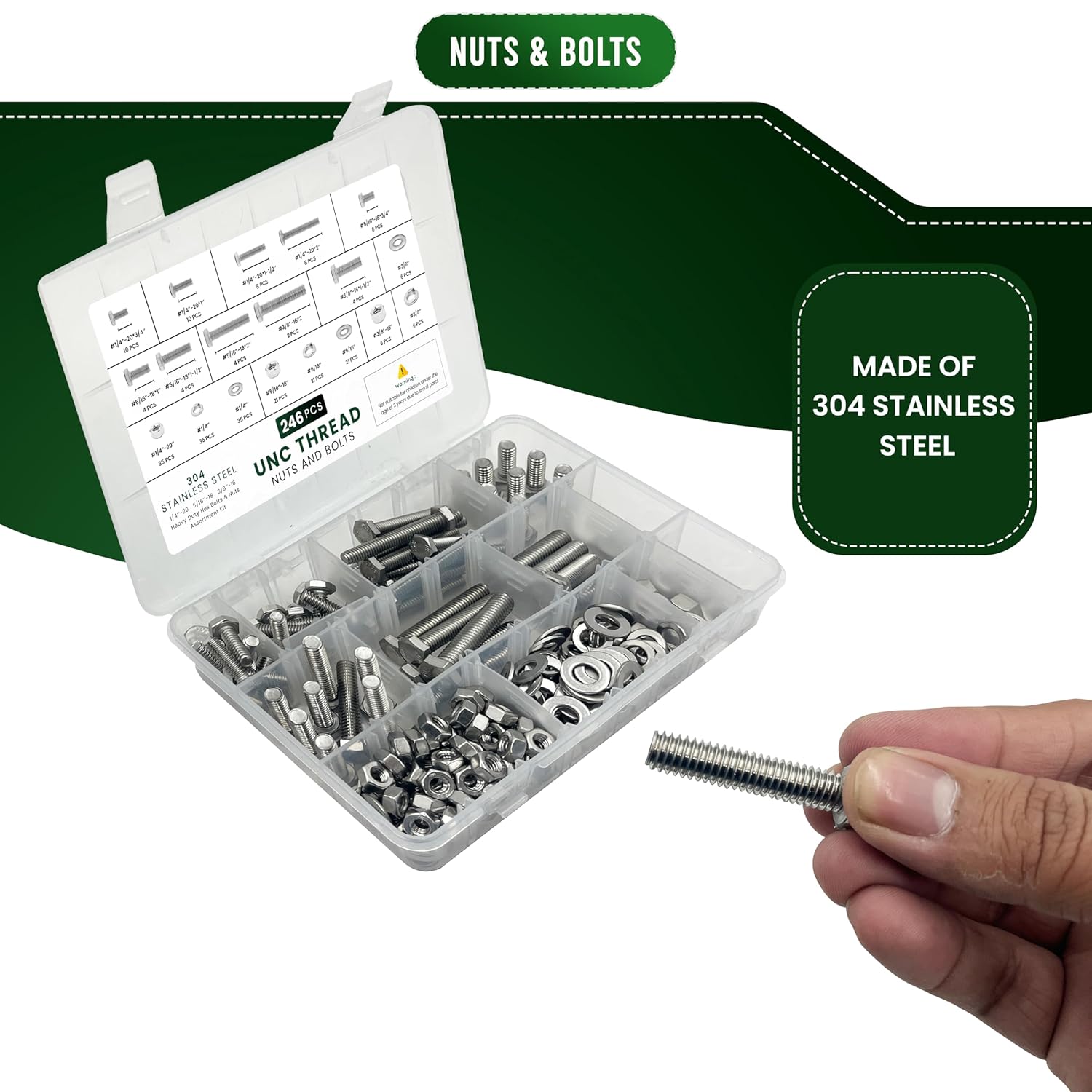 246Pcs Hex Bolts and Nuts Assortment Kit 1/4-20, 5/16-18,3/8-16 Assorted Bolts Nuts and Washer Kit - 304 Stainless Steel Screws Set with Storage Box