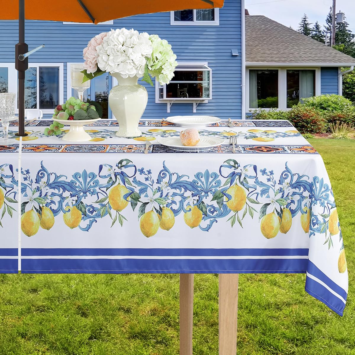 Summer Outdoor Tablecloth with Umbrella Hole and Zipper, Lemon Tablecloths for Rectangle Tables, Water Resistant Rectangular Polyester Table Cover for Outdoor / Picnic / Patio, 52 x 70 Inch, White