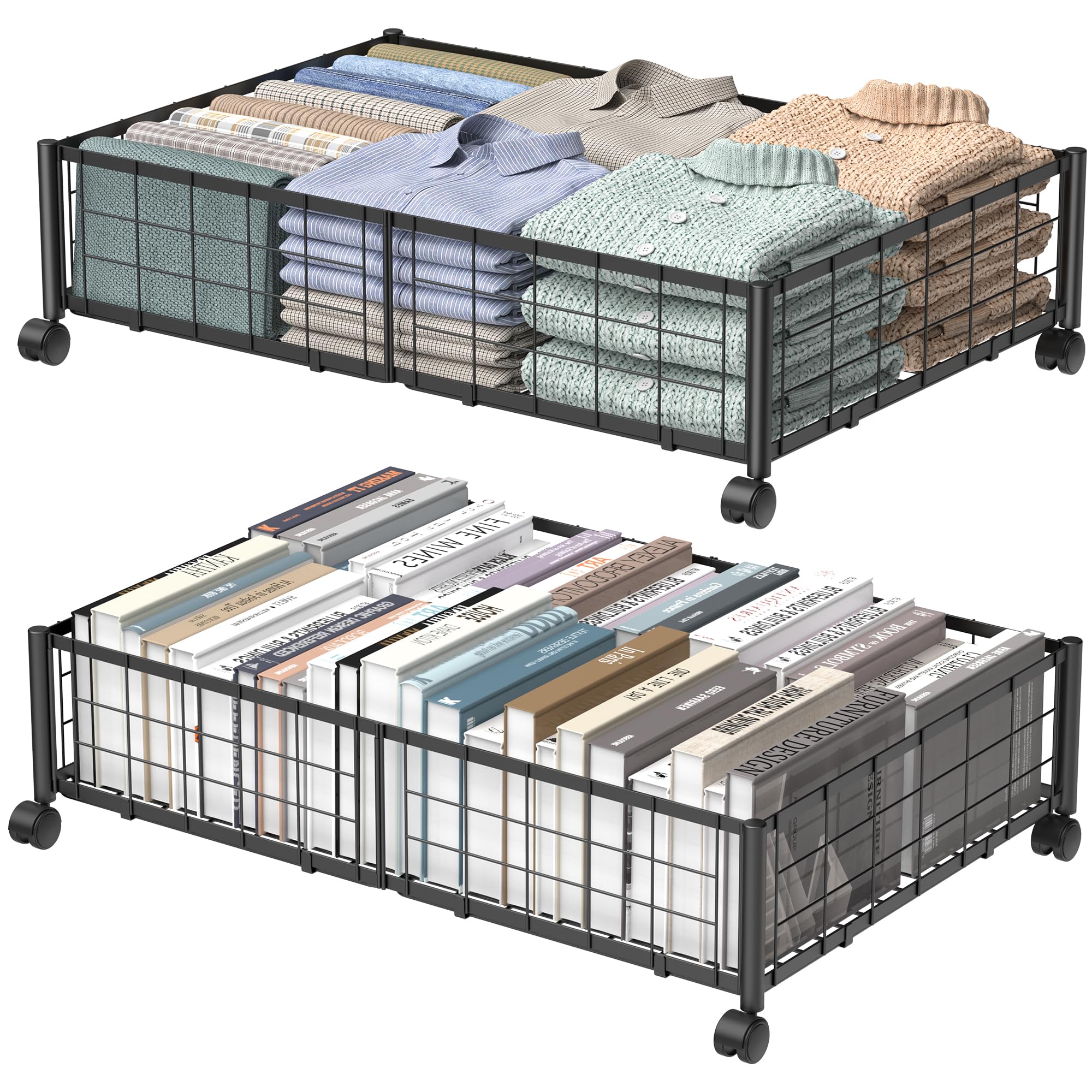 under bed storage with wheels, 360° rotating, no-assembly underbed storage containers, 2pack