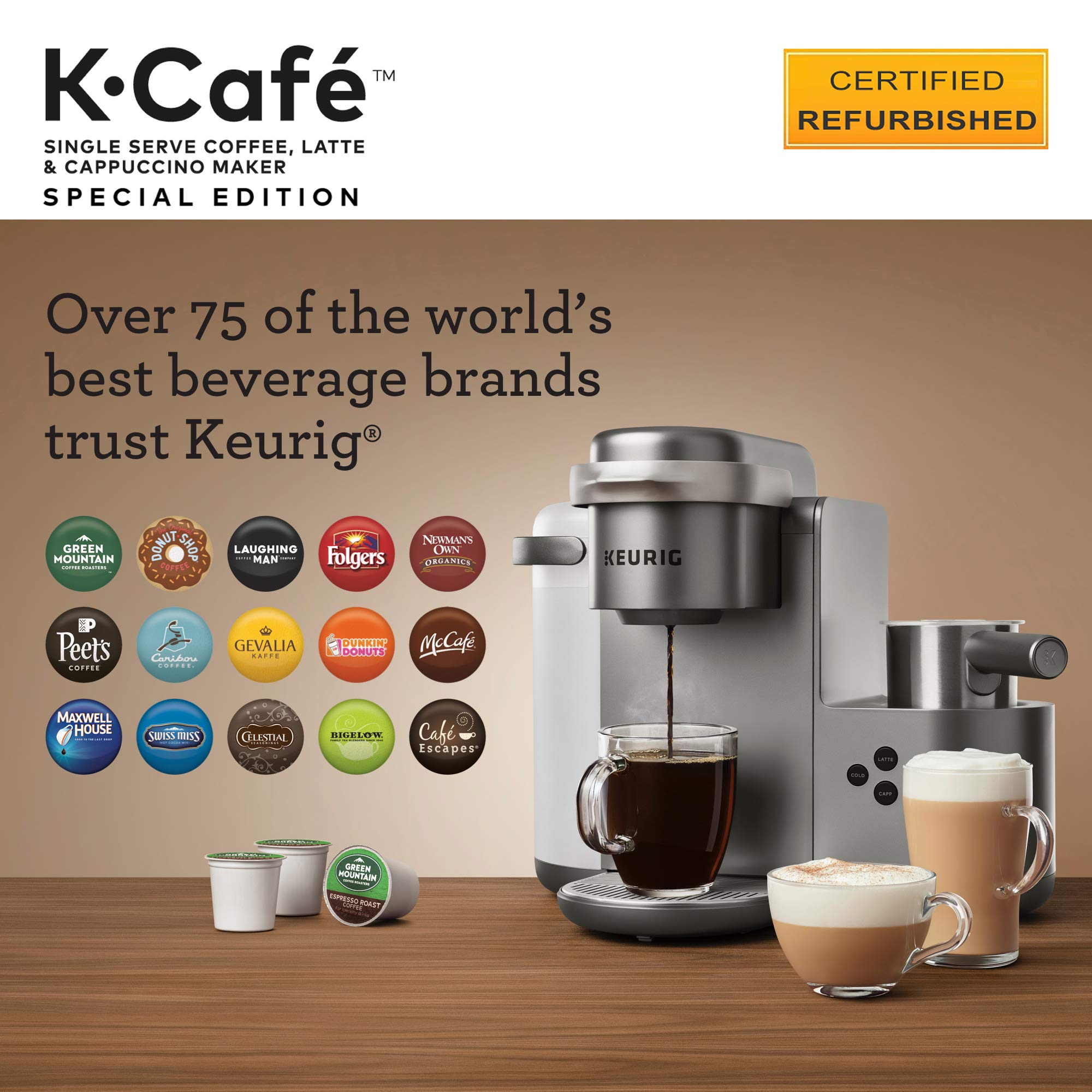 Keurig K-Cafe Special Edition Coffee Maker, Single Serve K-Cup Pod Coffee, Latte and Cappuccino Maker, Comes with Dishwasher Safe Milk Frother, Coffee Shot Capability, Nickel (Renewed)