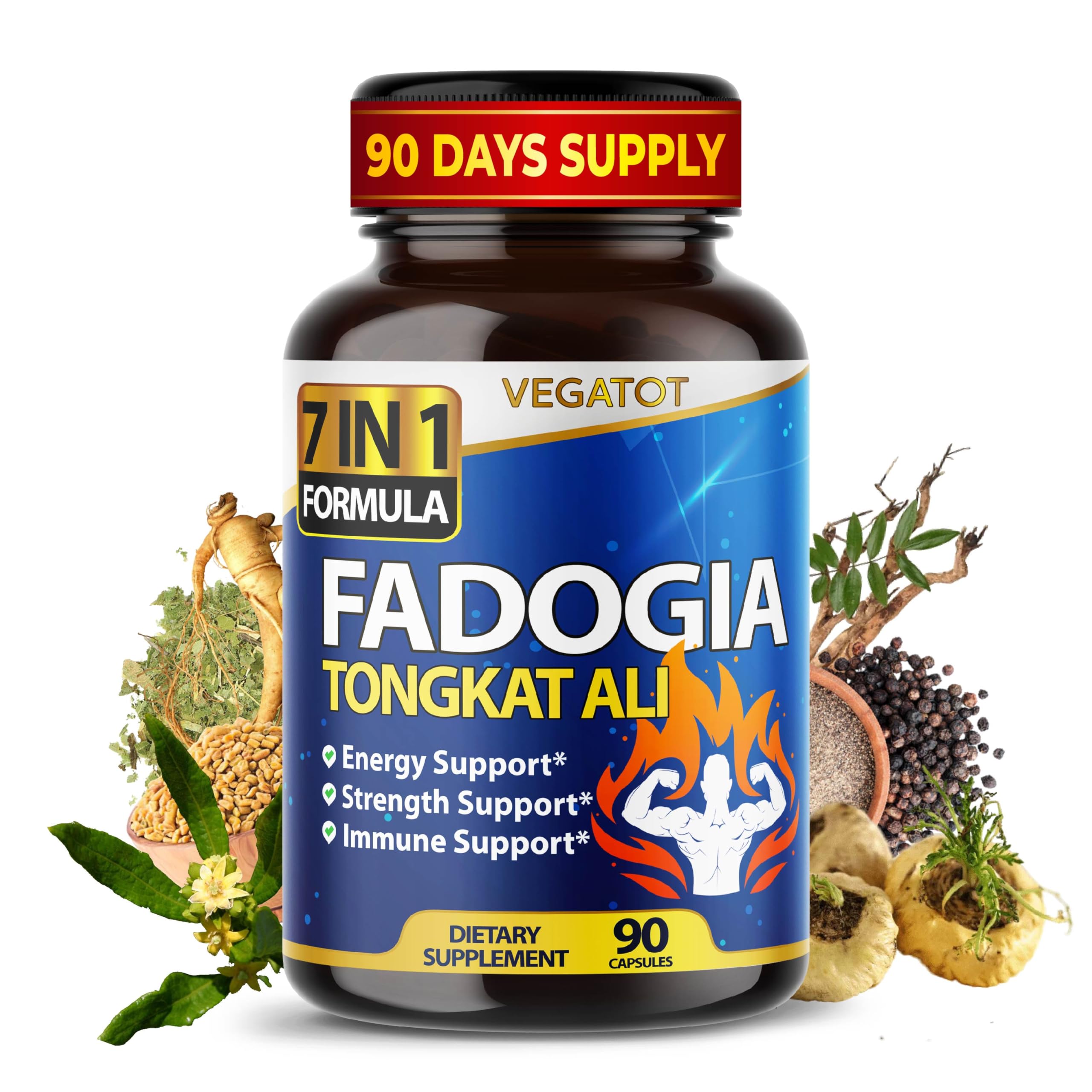 VEGATOT 7 in 1 High Strength Fadogia Concentrated with Tongkat Ali Maca Root Fenugreek Ginseng Boost Energy Stamina 3-Month Supply (90 Count (Pack of 1))