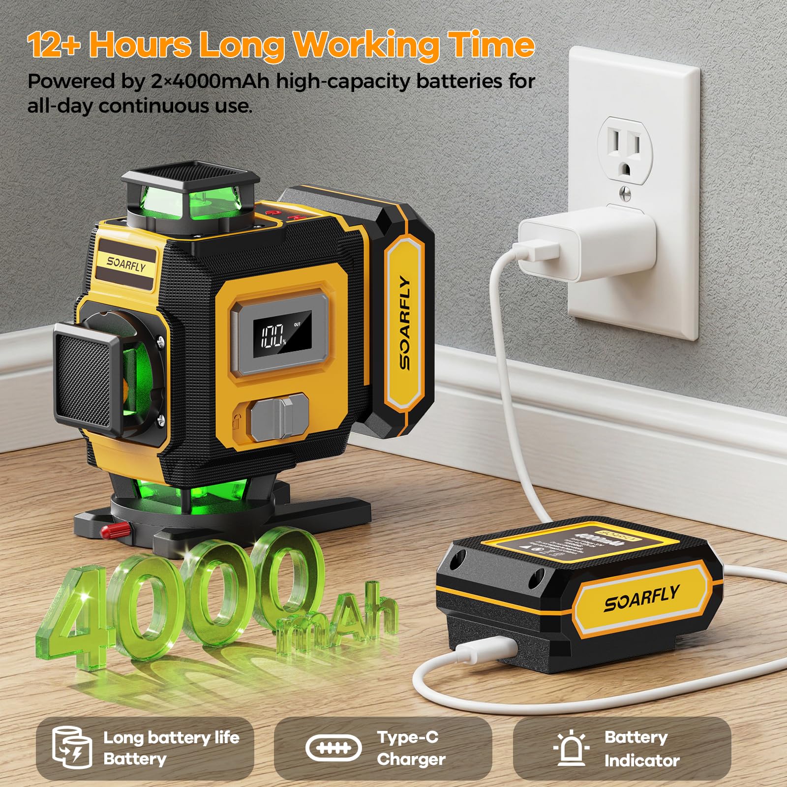 SOARFLY Niveau Laser 4D avec Trépied, Niveau Laser Vert Autonivelant Croix à 4×360°, 2 Batteries 4000mAh, Télécommande, Support Magnétique, pour Carrelage, Construction et Rénovation Intérieure