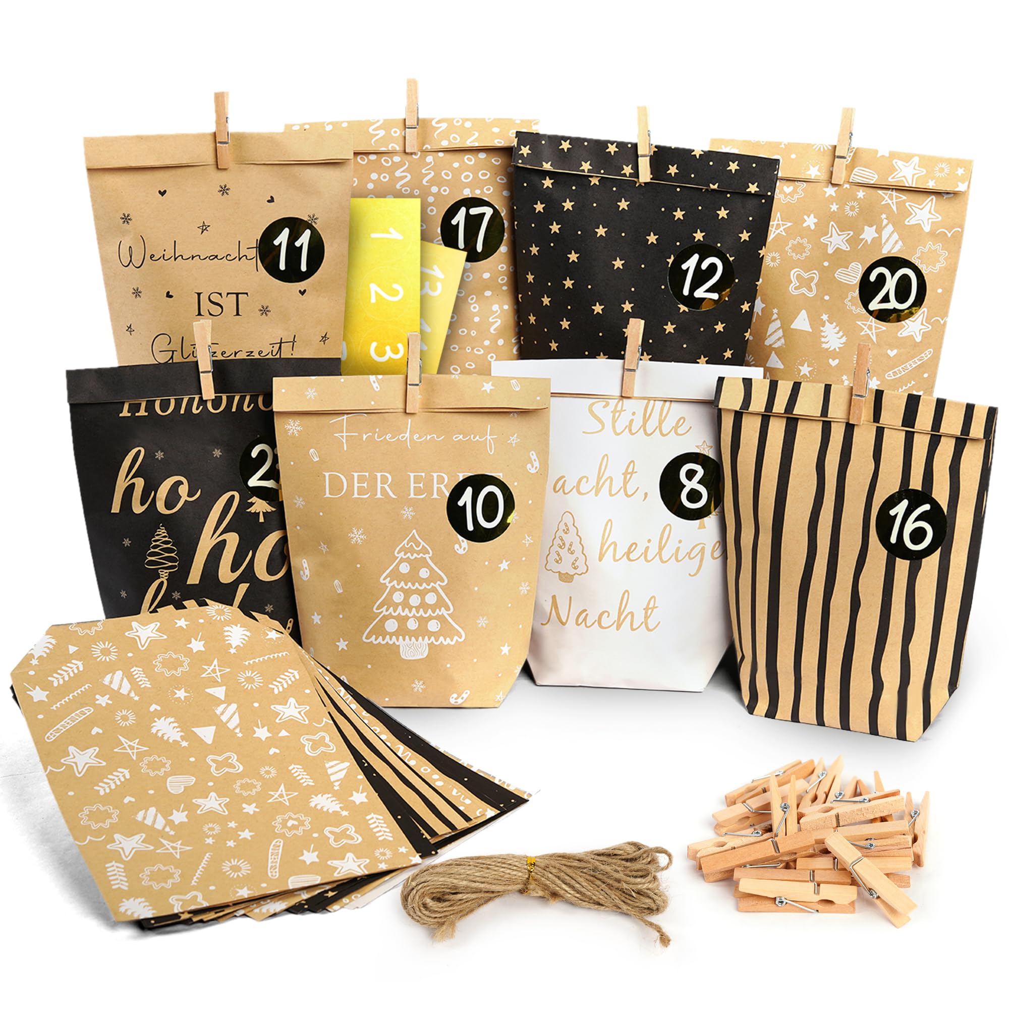 Adventskalender zum Befüllen Set,Geschenkidee für Familie,Kinder,Erwachsene | mit 24 Weihnachts-Papiertüten, Juteseil, Aufkleber& Holzklammern - Tradition und Vorfreude selbst gestalten