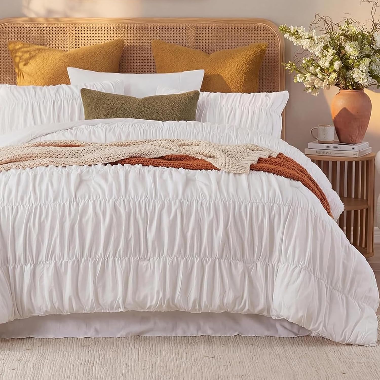 Bedbay 100% Cotton Ruched Comforter Set Queen Size,White Ruffle Comforter Set,Cotton Ruched Bedding Set,Romantic Vintage Ruffle Comforter 3 Pcs, Luxury Textured Pleat Artistic Bedding for All Seasons