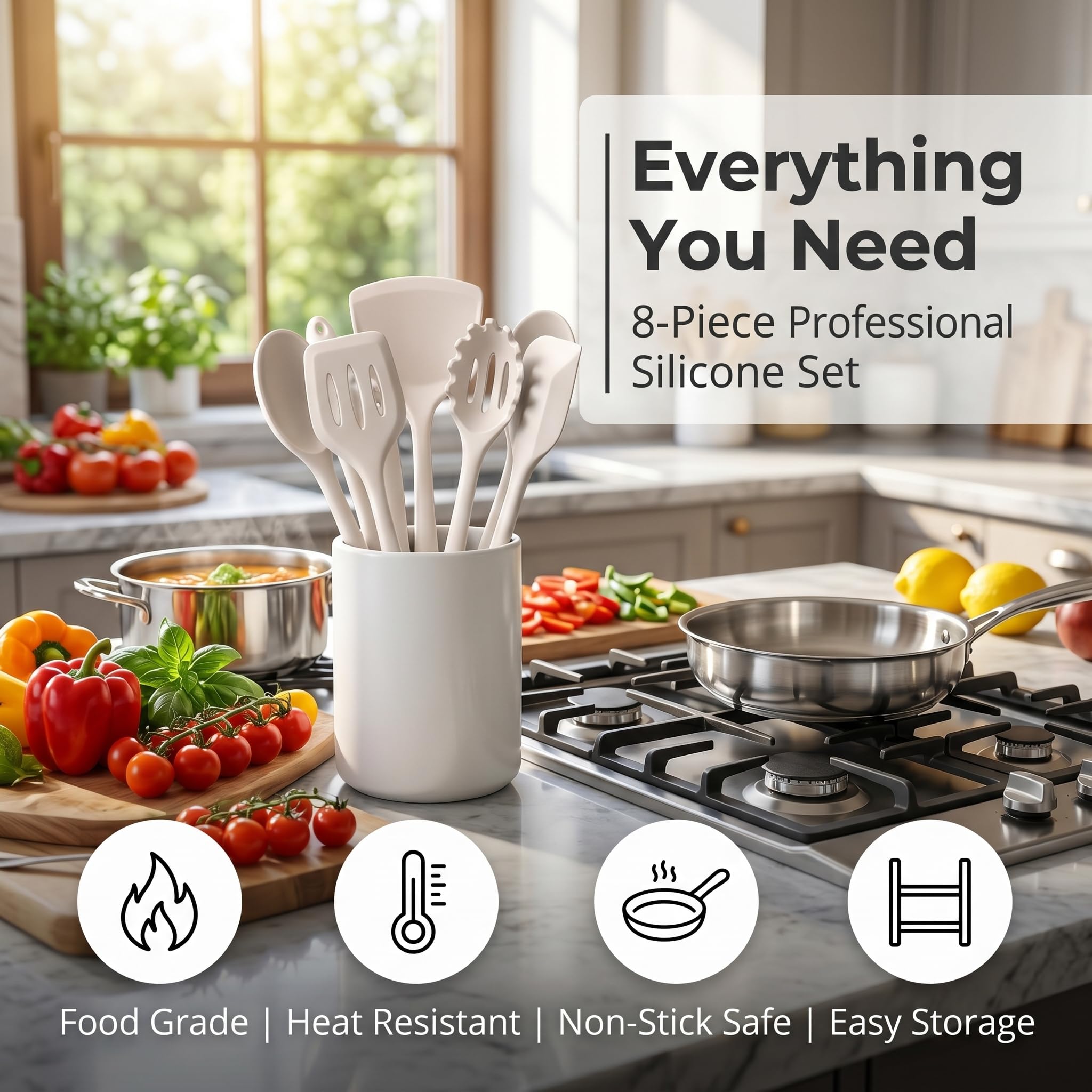 LIANYU Juego de 8 utensilios de cocina de silicona resistentes al calor, utensilios de cocina de grado alimenticio para utensilios de cocina antiadherentes, incluye espátula de silicona, cuchara,