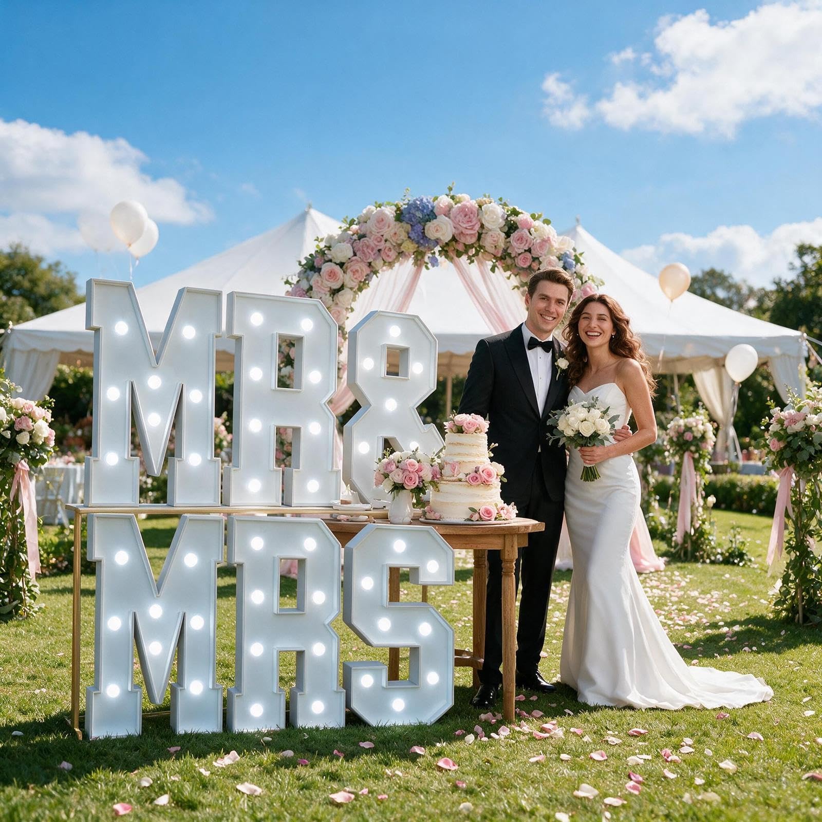 MR & MRS LED-Festzeltbuchstaben for die Jubiläumsfeier | KT-Schaumplatte Vorgecutt, Leichter Aufbau, Kabellos, Leicht, for Verlobungsparty(Cool white,100cm)