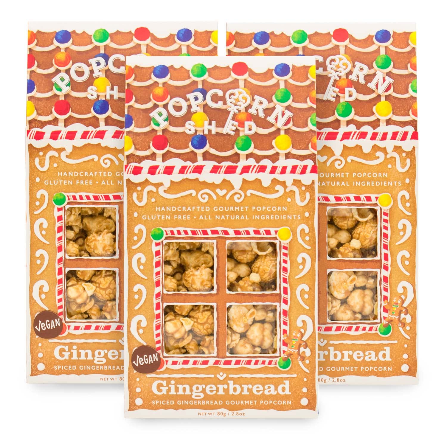 Popcorn Shed 3 x Gingerbread Gourmet Popcorn, Gift Box, Christmas Popcorn, Gluten Free, Natural, Vegan Movie Night Snack, 3 x 80 g, Brown
