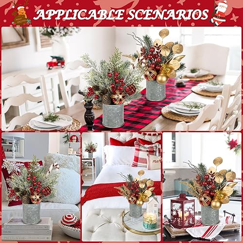 Miniatura 10 de Hollyone Pequeño árbol de Navidad artificial de 11 pulgadas, decoración de plantas en maceta con adornos de bolas de Navidad, bayas para el hogar,