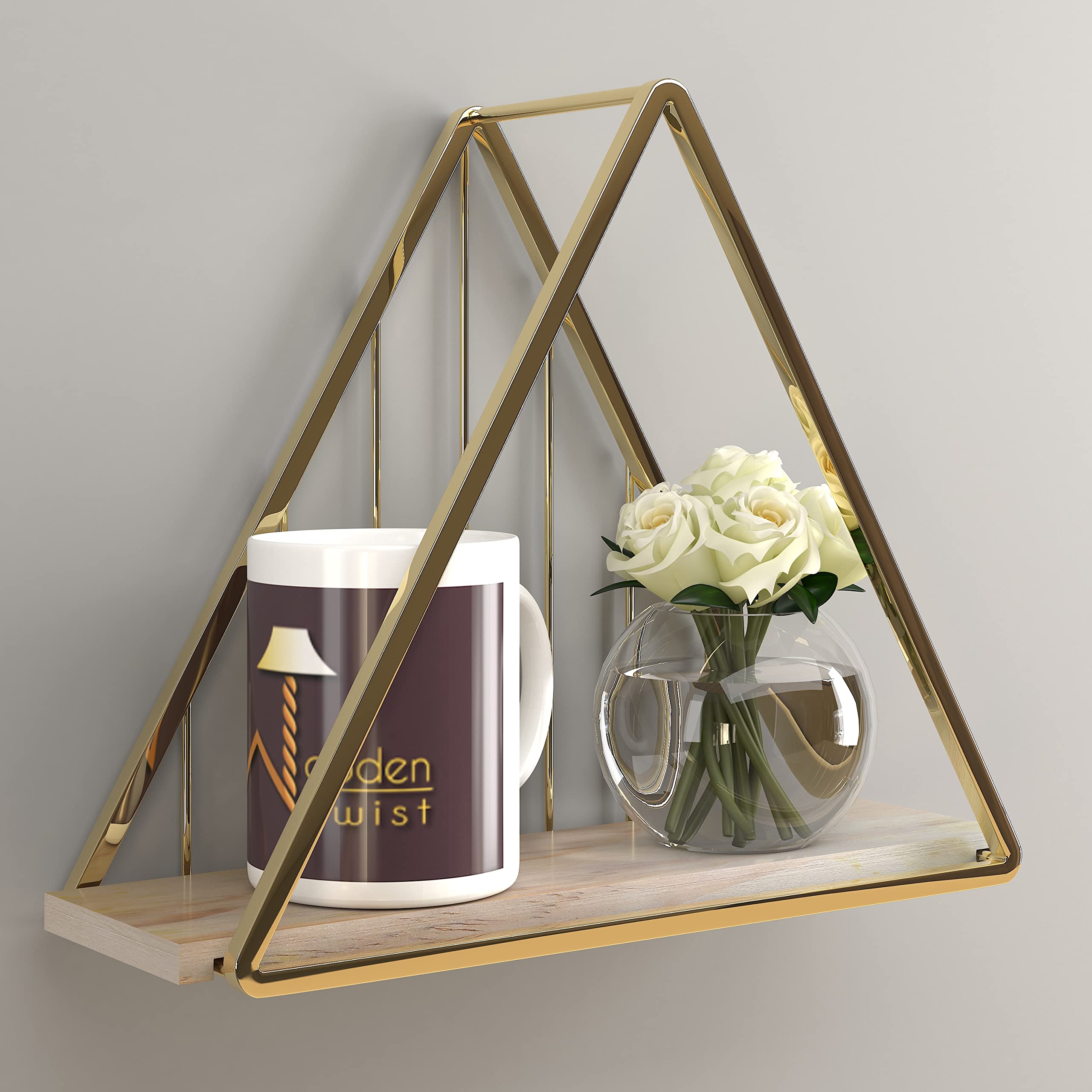 Wooden Twist Triangle Metallic Twist Solid Wood Iron Storage Shelf (Golden)
