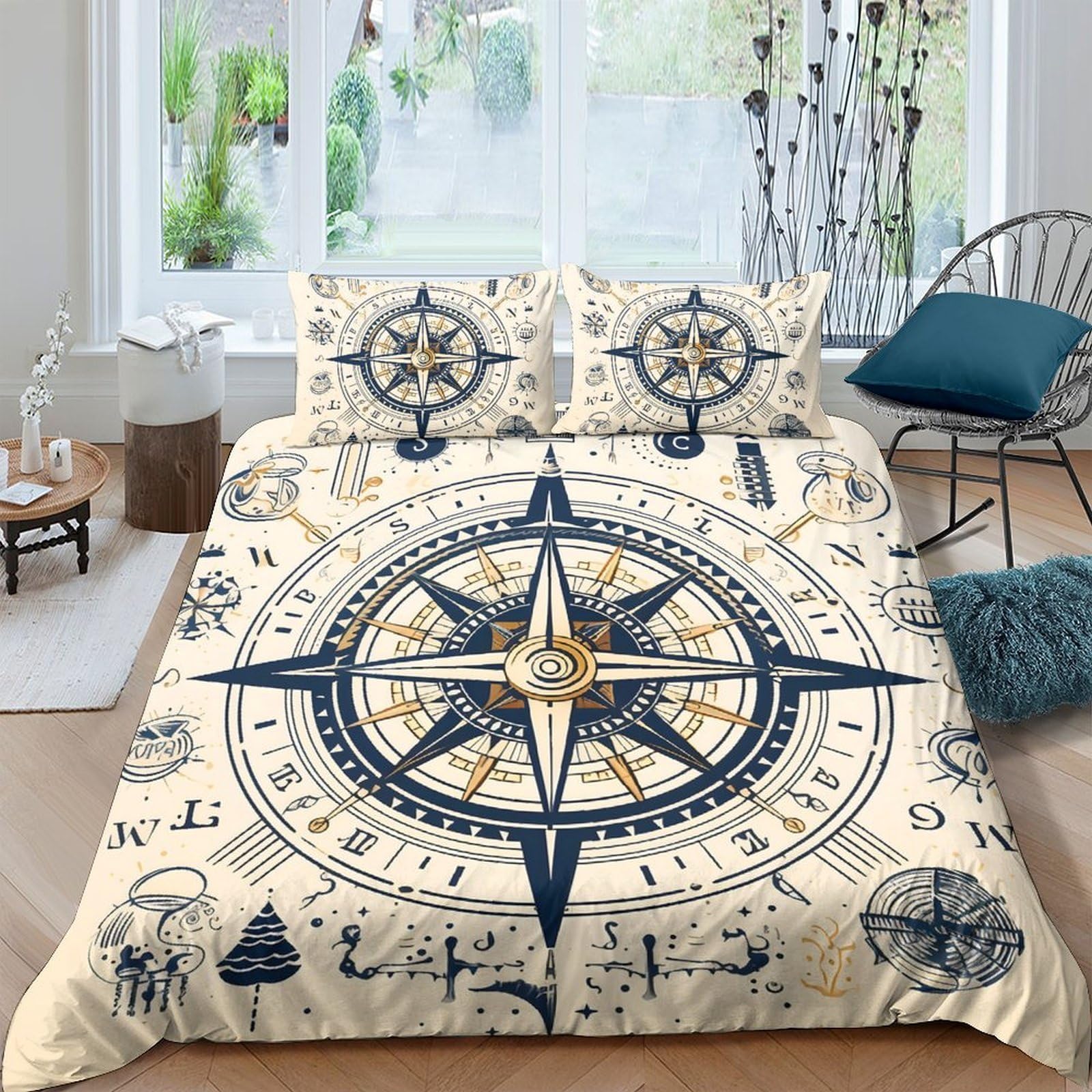 Ctjqhvkz Style-3 3D Printed Nautical Compass Fitted Sheet Microfiber Soft Beige Map Bed Cover For Bedroom Guest Room Decor Mattress Protection Single（135X200cm）
