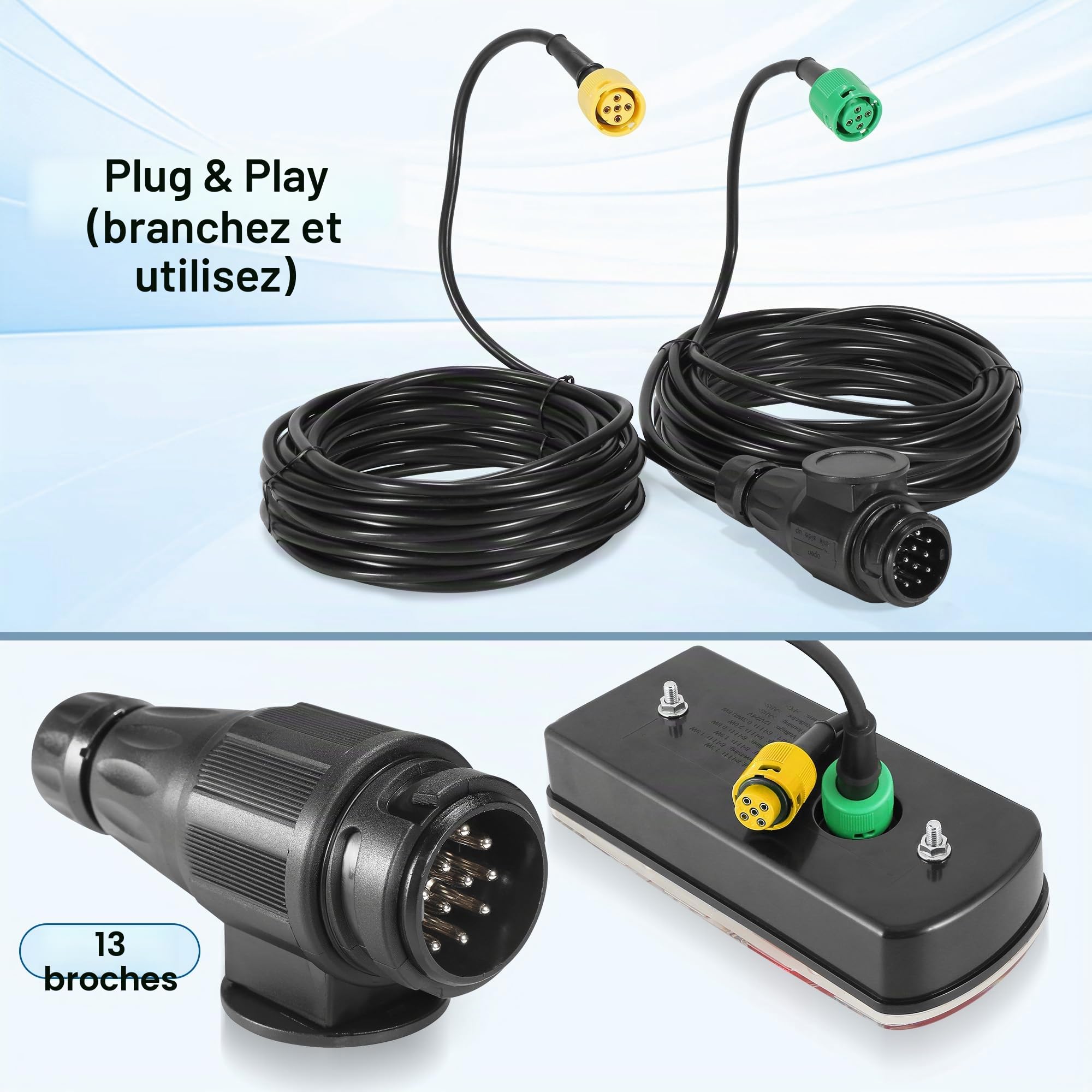 Kit Feux Arrières Remorque LED 12V/24V 7 Fonctions, 13 Broches Étanche avec Câble Précablé 8m & Connecteur Baïonnette, Certifié E57 pour Camion Caravane Van Tracteur