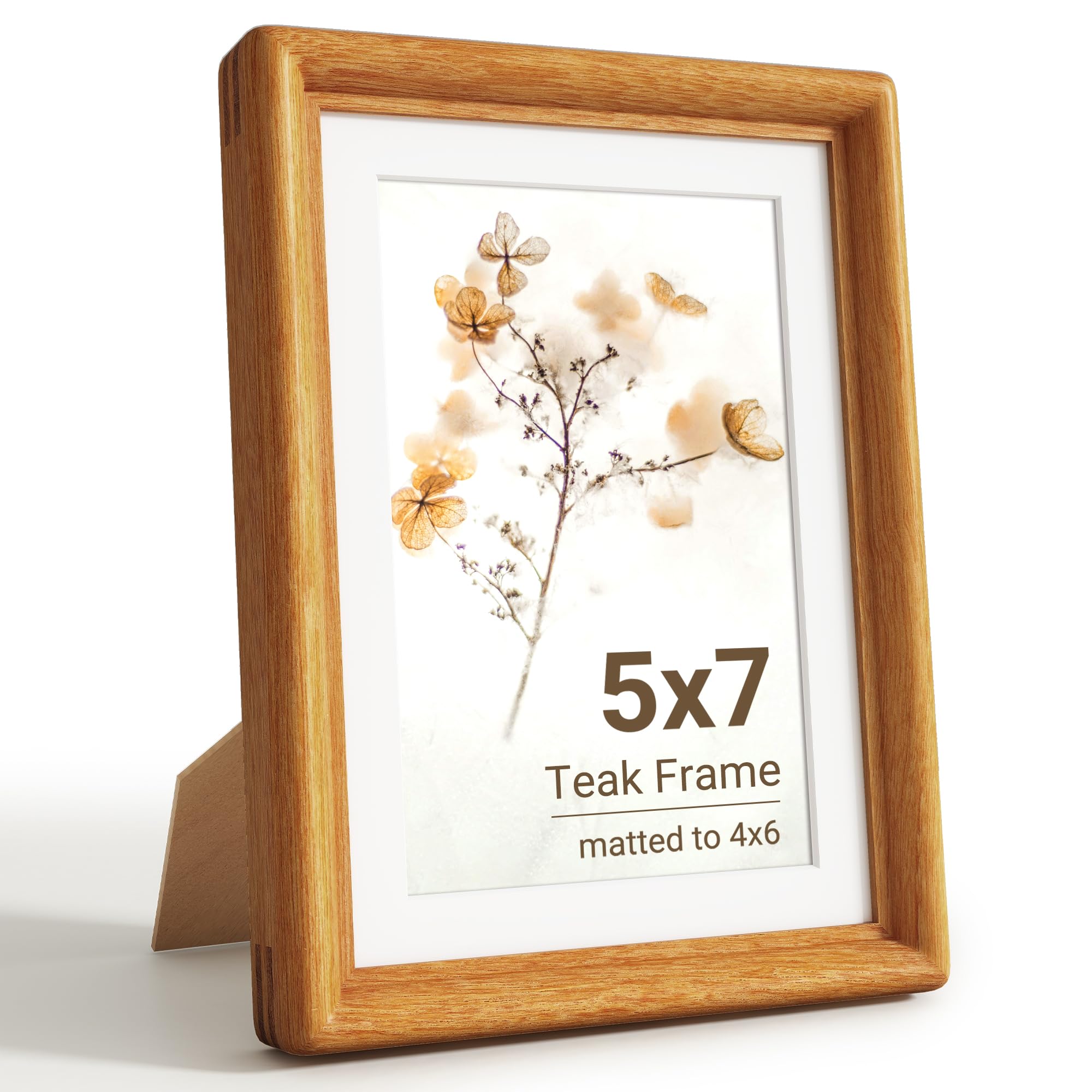 KovaScape 5x7 Photo Frame, Solid Teak Wood Picture Frame with HD Tempered Glass, Handcrafted Real Wood Frame with Mount for 4x6 Photo, Rounded Corner Design, Wall Hanging or Tabletop Display
