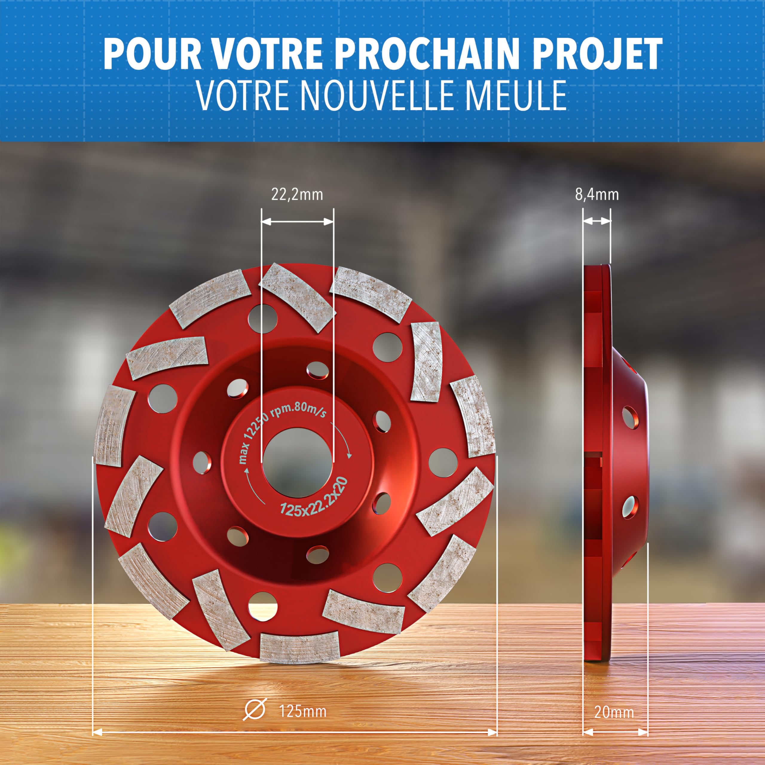 Ponceuse fraise à ponçage, plateau de 125 mm, ponceuse à chape, disques abrasifs pour béton, meule diamantée pour aspiration, fraiseuse de rénovation [125 x 22,2 x 20]