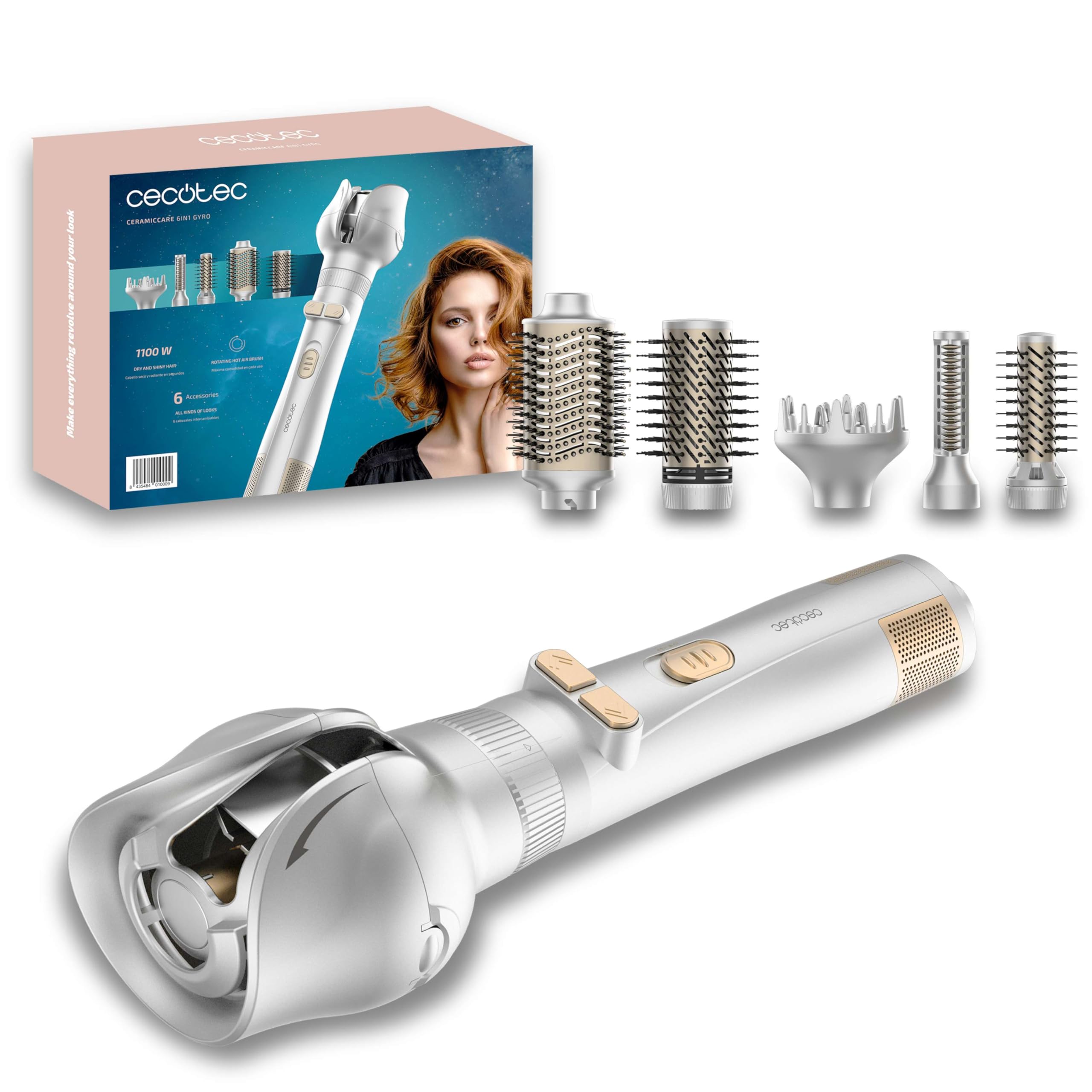 Cecotec Spazzola ad Aria 6 In 1 Ceramiccare 6In1 Gyro. 1100W, 6 Testine, Arricciatura Automatica, Cavo 360º, Ceramica, Design Multifunzionale, Acconciature Veloci, Senza Crespo, Stile Professionale