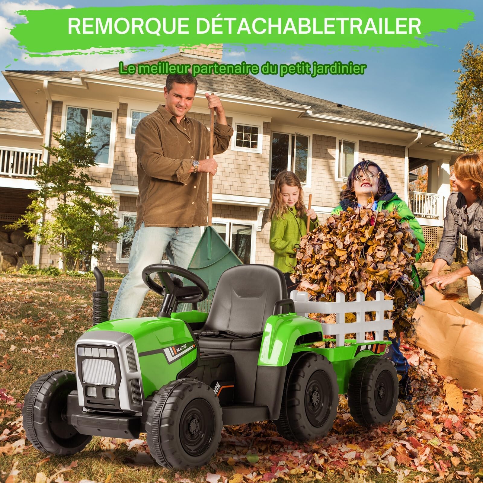 LEADZM 12V Tracteur Électrique Enfant avec Remorque Amovible, Lumière LED, Musique, Klaxon, Télécommande 2,4 GHz Vert