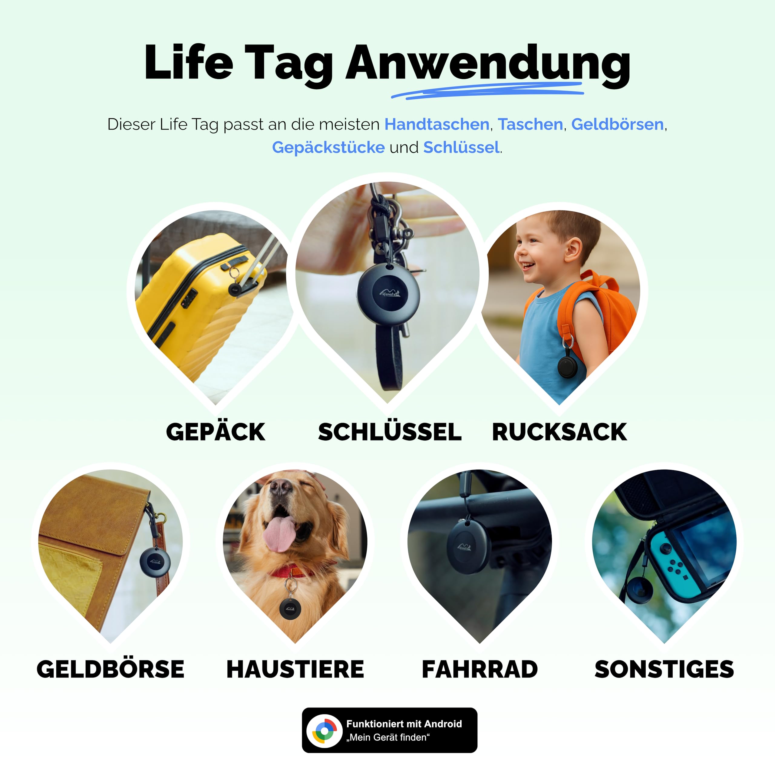 Lifemate Life Tag 6er-Pack – Bluetooth Tracker Android mit „Mein Gerät Finden“-App, Wasserdicht, Lange Batterielaufzeit Android Tracker Tag – Ideal für Schlüssel, Taschen, Haustiere & Gepäck