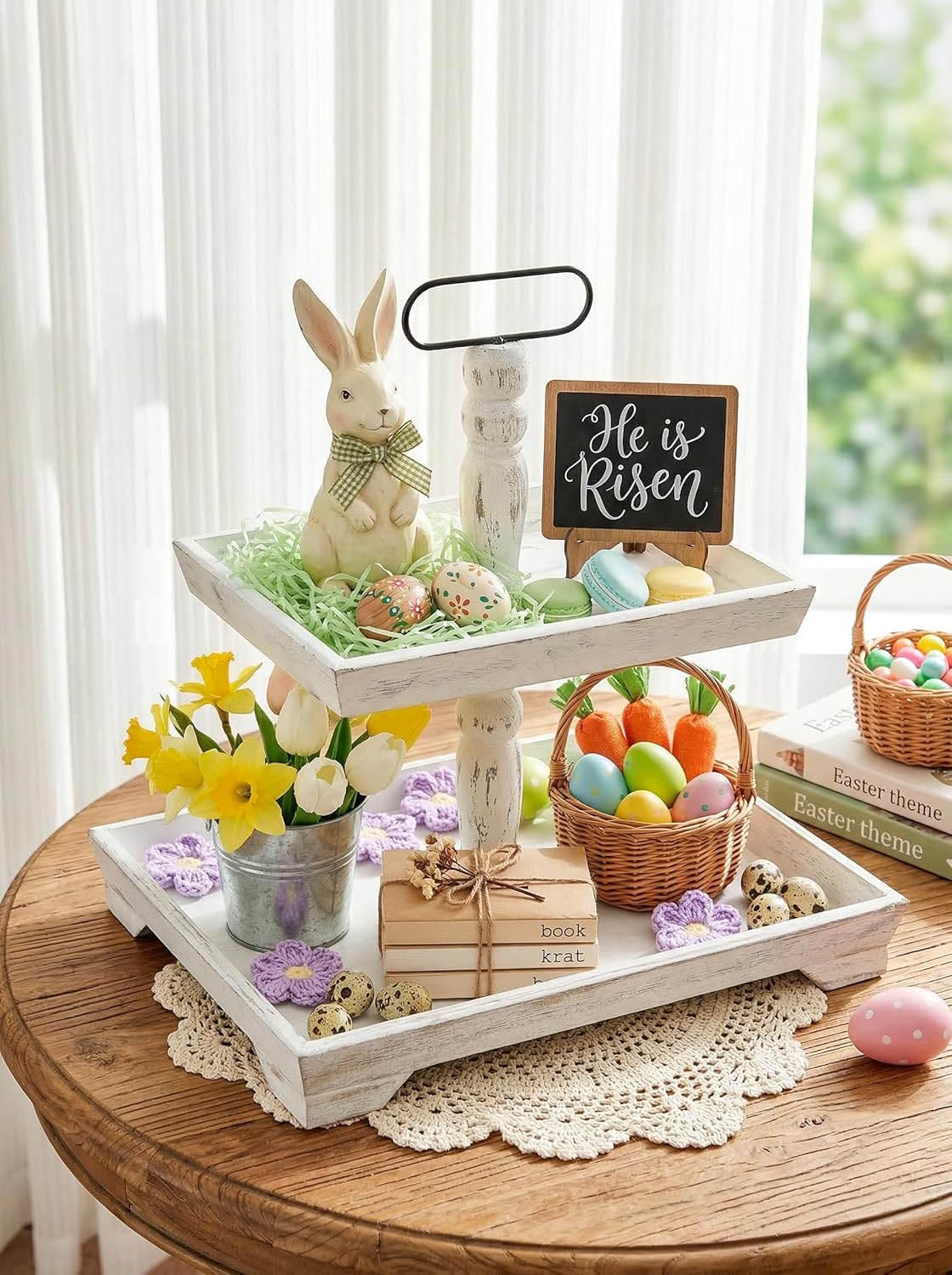 Hanobe Tiered Tray for Table Decor: Easter 2 Tier Decorative Tray Stand for Coffee Bar - Large Farmhouse White Display Stands for Holiday - Wood for Kitchen Counter Decorations