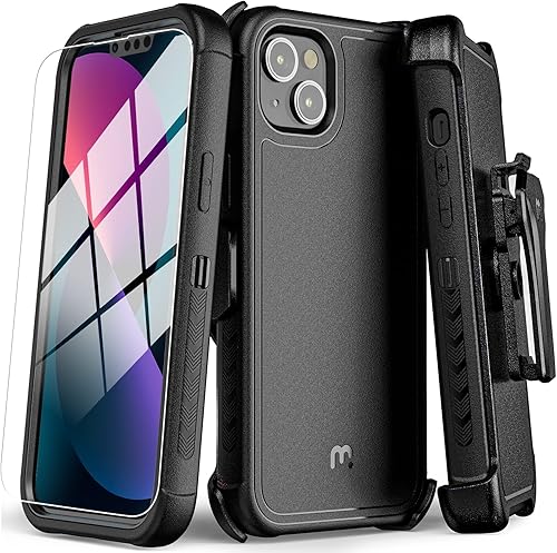 MYBAT PRO Maverick Series - Funda a prueba de golpes, para iPhone 13, con funda de clip para cinturón y vidrio templado, 6.1 pulgadas, resistente