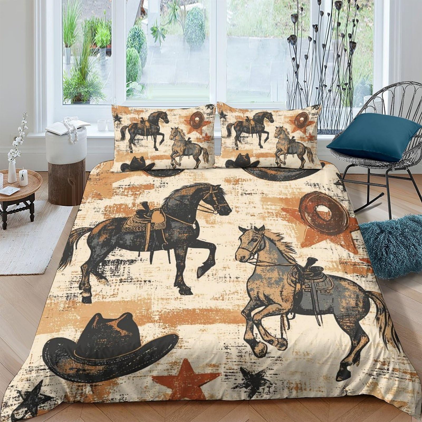 GPLZQXKJNH 3D Printed Cowboy Horse Duvet Cover Microfiber Soft Breathable Western Hat Bedding Set with 2 Pillowcases for Bedroom Decor, Single（135x200cm）