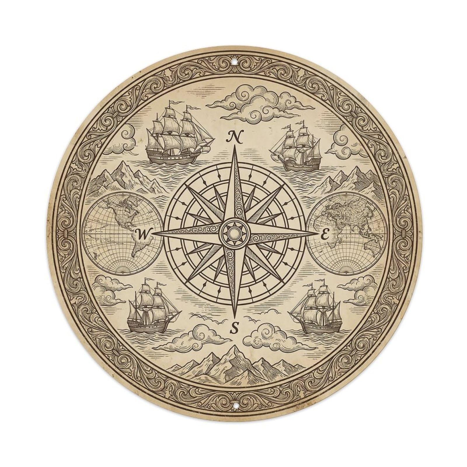 Vintage Nautical Compass World Map Explorer Journey Metal Tin Sign