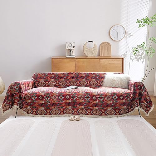 VClife Funda de sofá jacquard bohemio de poliéster suave, color rojo, protector de muebles, funda antideslizante para sofá de 3 cojines, funda de