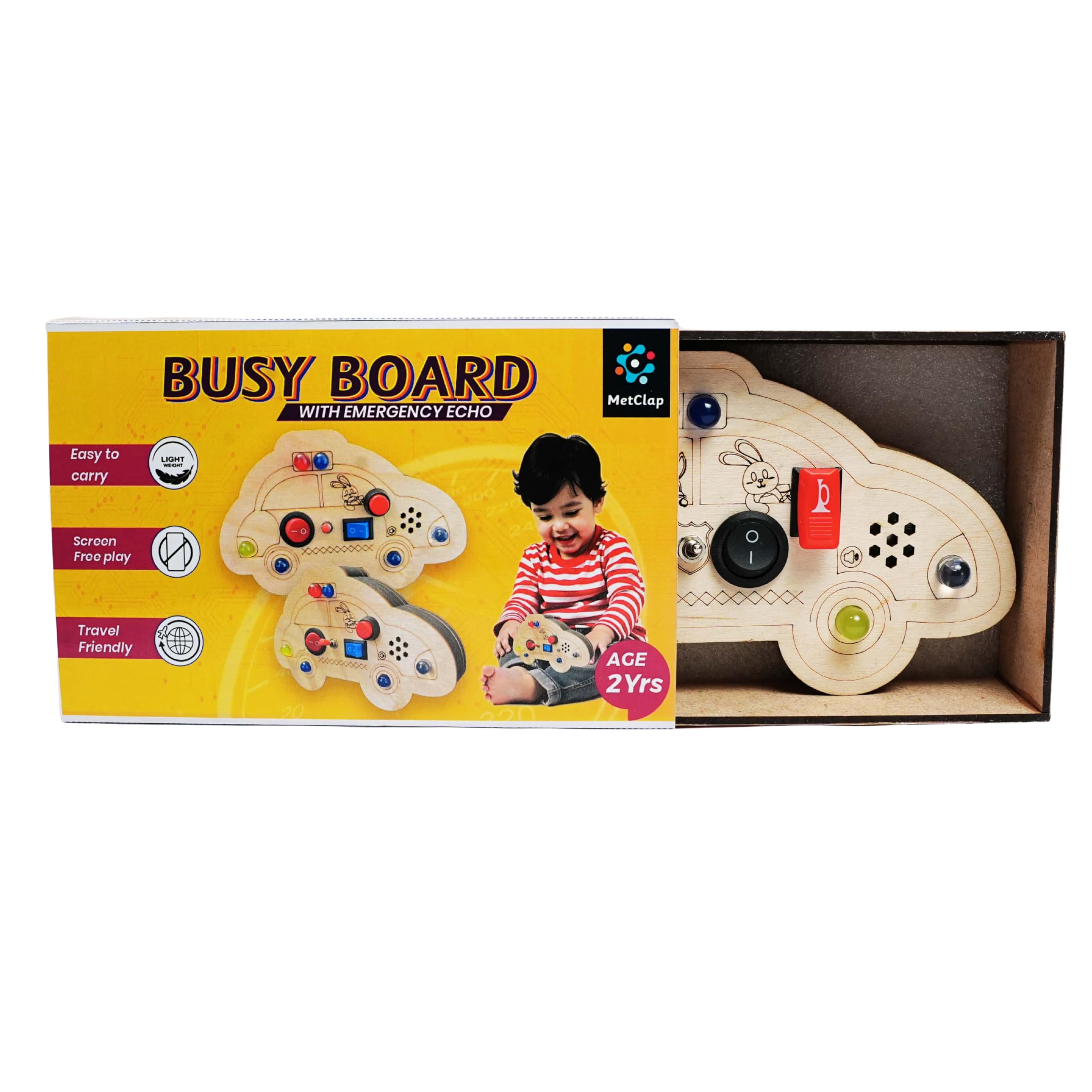 Metclap Emergency Echo Busy Board – Wooden Car Shape Montessori Busy Board Toy with Lights, Siren Sounds, Switches & Buttons – Educational Sensory Activity Toy for Toddlers, Kids Travel Learning Toy 1