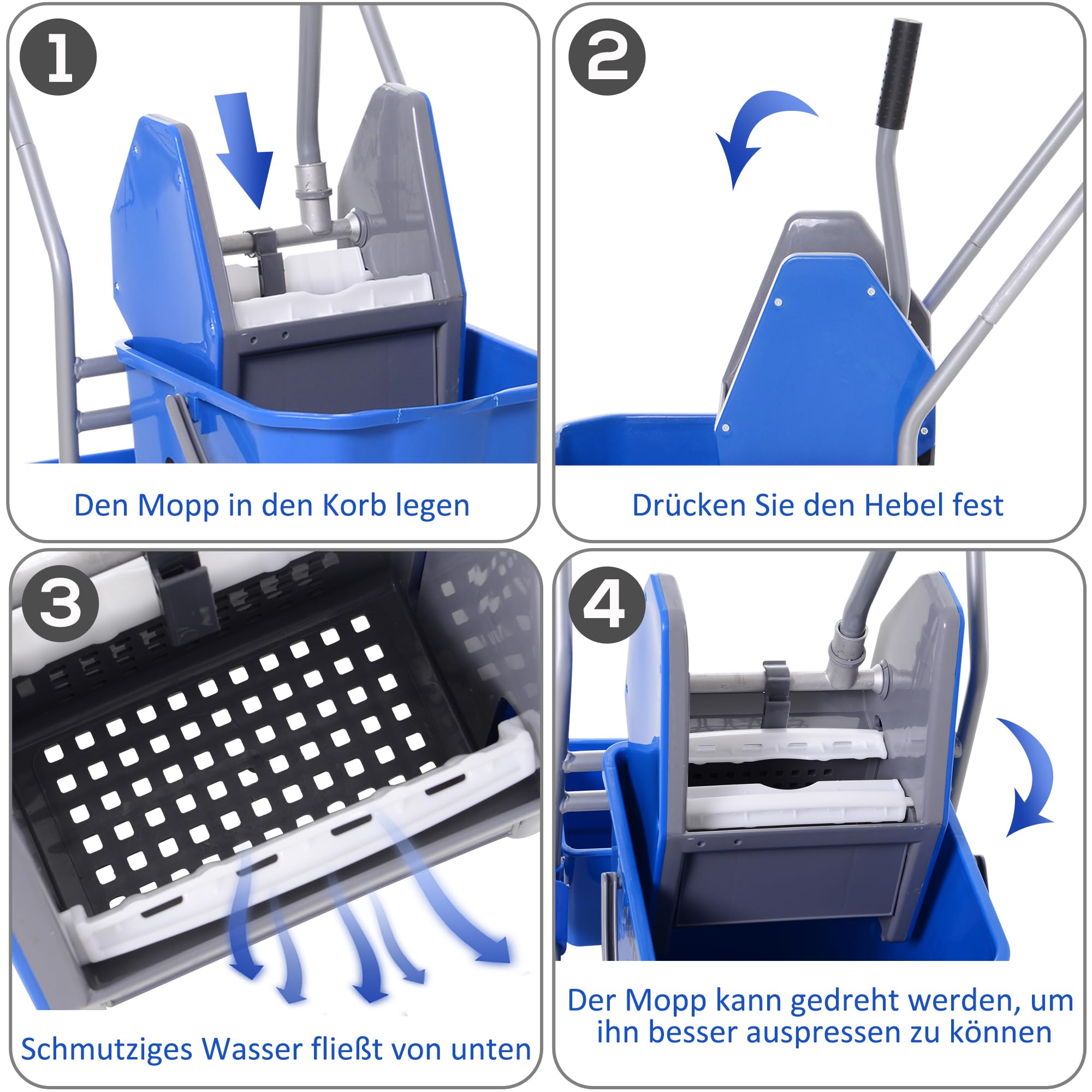 HOMCOM Carrello per la pulizia del carrello di servizio con secchi di mocio da 25 l, scolapiatti e ripiani per hotel ufficio, 72 x 49,5 x 95 cm, blu