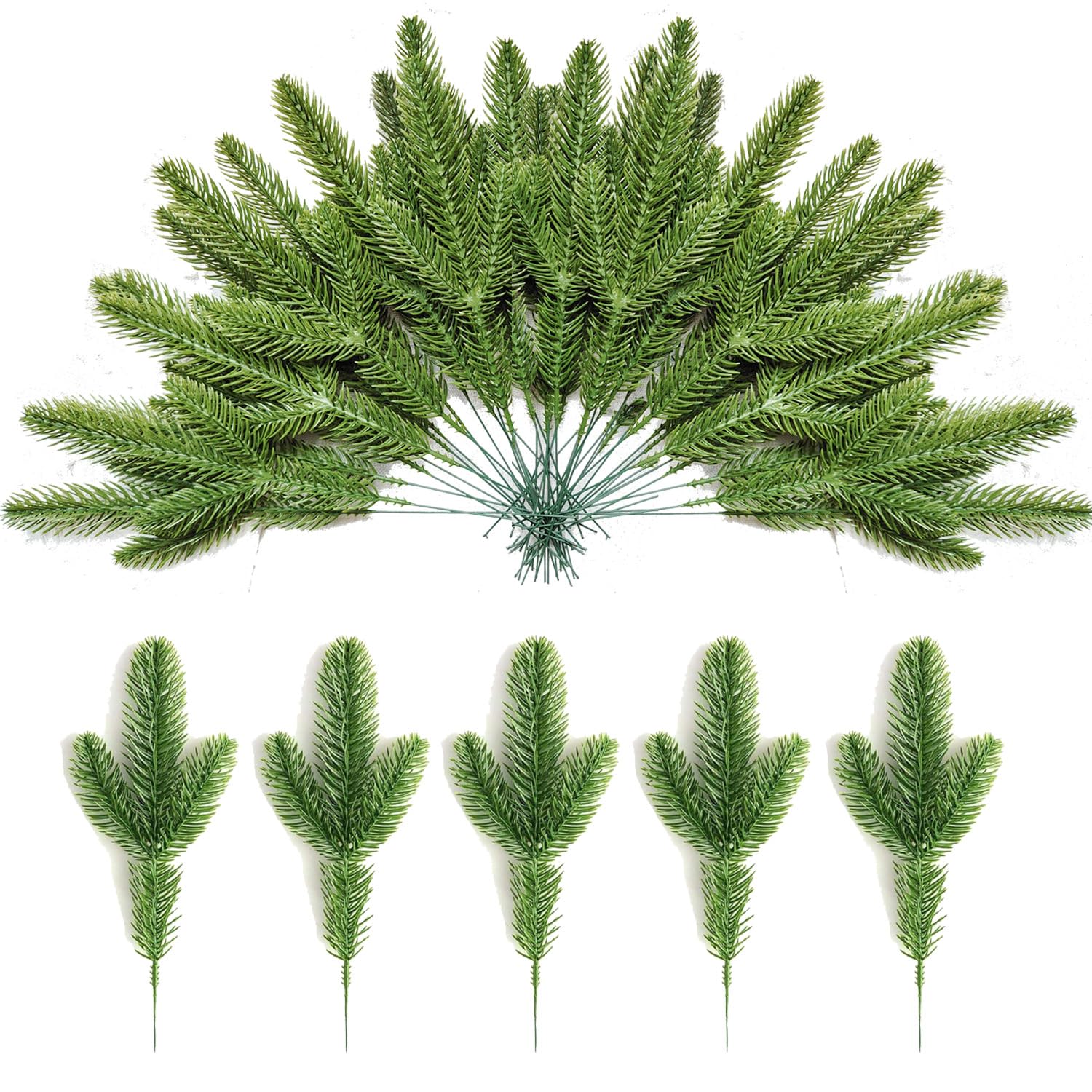 30pcs Artificial Pine Branches Green Plants Needles DIY Accessories Realistic Faux Christmas Greenery Green Plants Pine Picks and Stems for Garland Wreath Christmas and Home Garden Decor