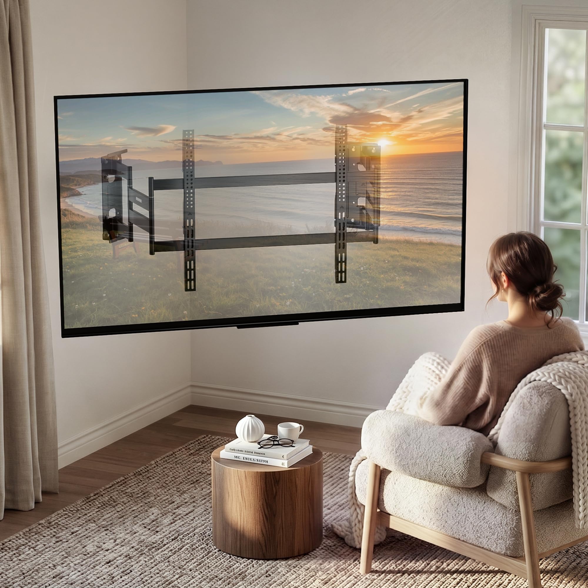 monTEK Soporte de pared de esquina resistente para televisores grandes de 65 a 100 pulgadas, soporte de TV de movimiento completo con brazo articulado de 19.3 pulgadas de largo, brazo de pared doble