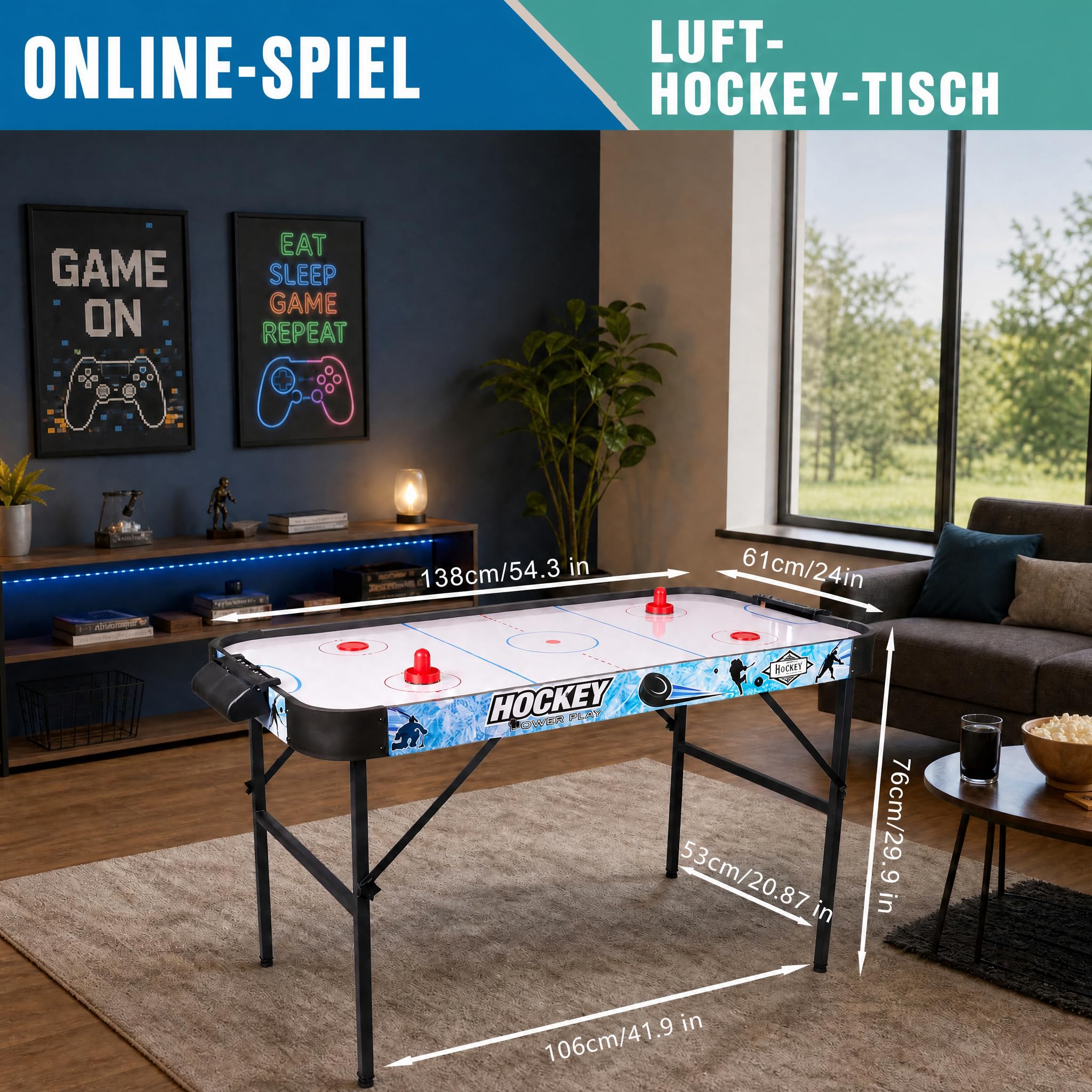 hotsizz Air Hockey Tisch, faltbar, 138 × 61 × 76 cm, ausgestattet mit zwei Schlägern und zwei Pucks, geeignet für Erwachsene und Kinder.