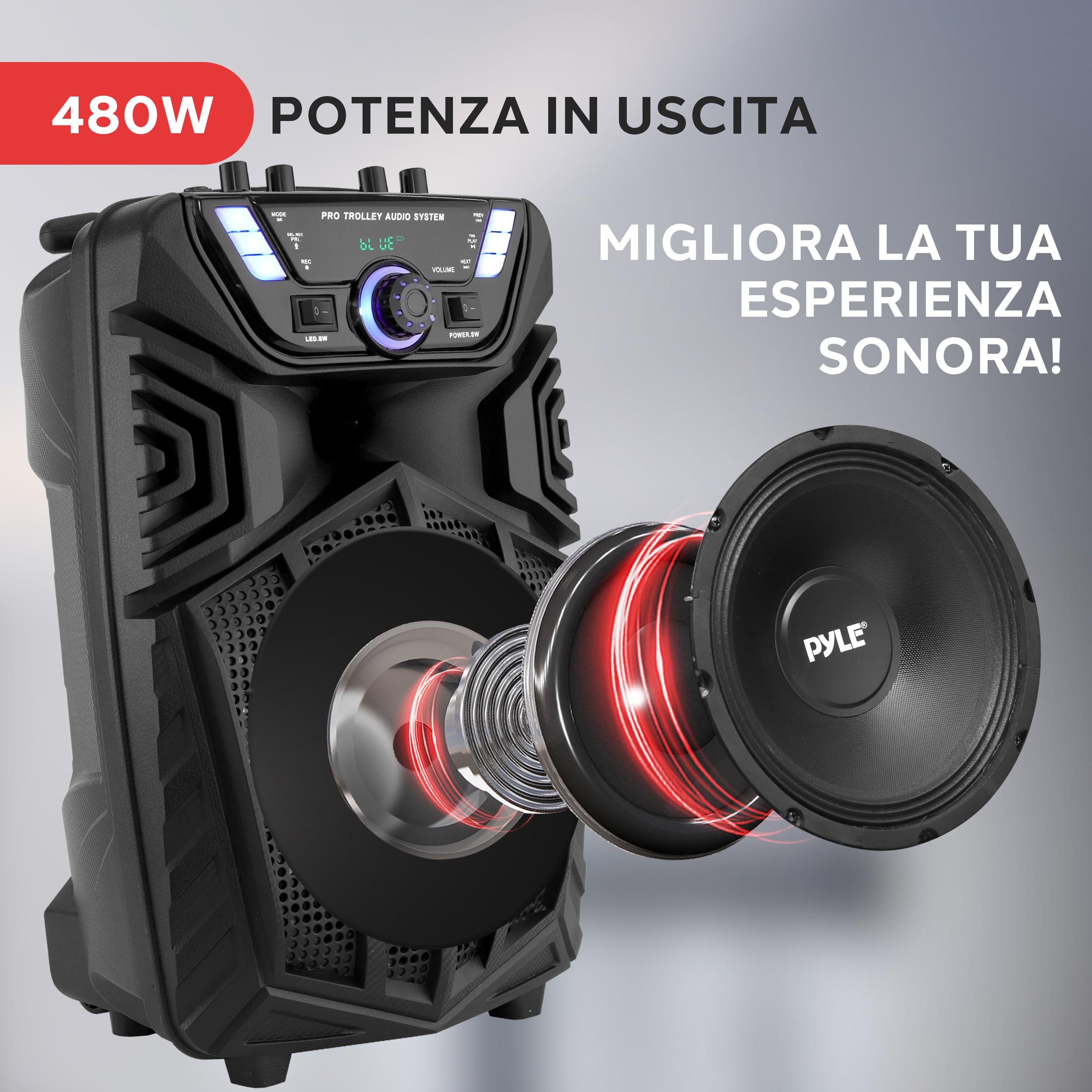 Pyle Cassa Bluetooth Portatile 480W Altoparlante Bluetooth 20,3 cm con Microfono Wireless, Ruote, TWS, Luci LED, Display, Ingressi 6,35 mm, FM/AUX/MP3/USB/SD