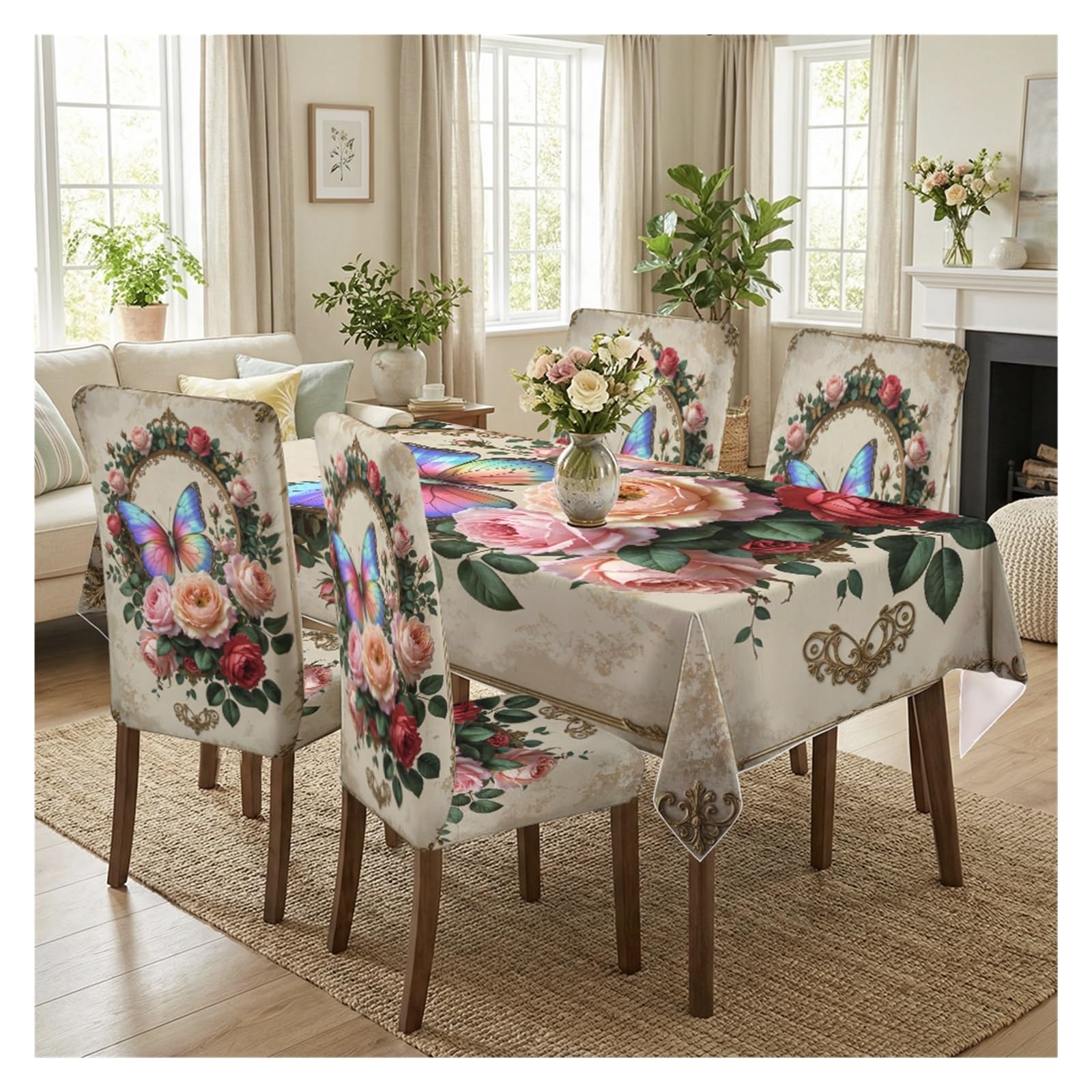 BOSUYBN Vintage Rose Butterfly Floral Printed Dining Tablecloth & Chair Covers Set, 5/7 Piece Elegant Romantic Victorian Garden Dining Home Decor Table Setting(5pcs Set: Tablecloth+Chair Covers)
