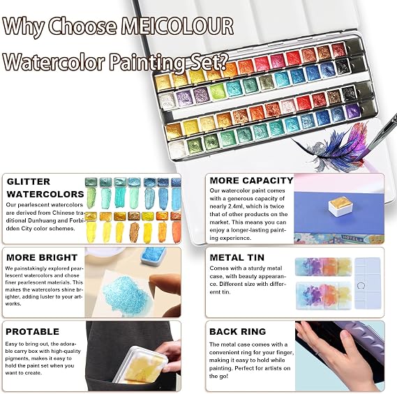 Watercolor Paints Set for Adult Artists, 24 Glitter Shimmer Solid Watercolor Paint 2ml Handmade Half Pans Metal Case Sparkle Pearlescent Watercolour Painting Art Supplies