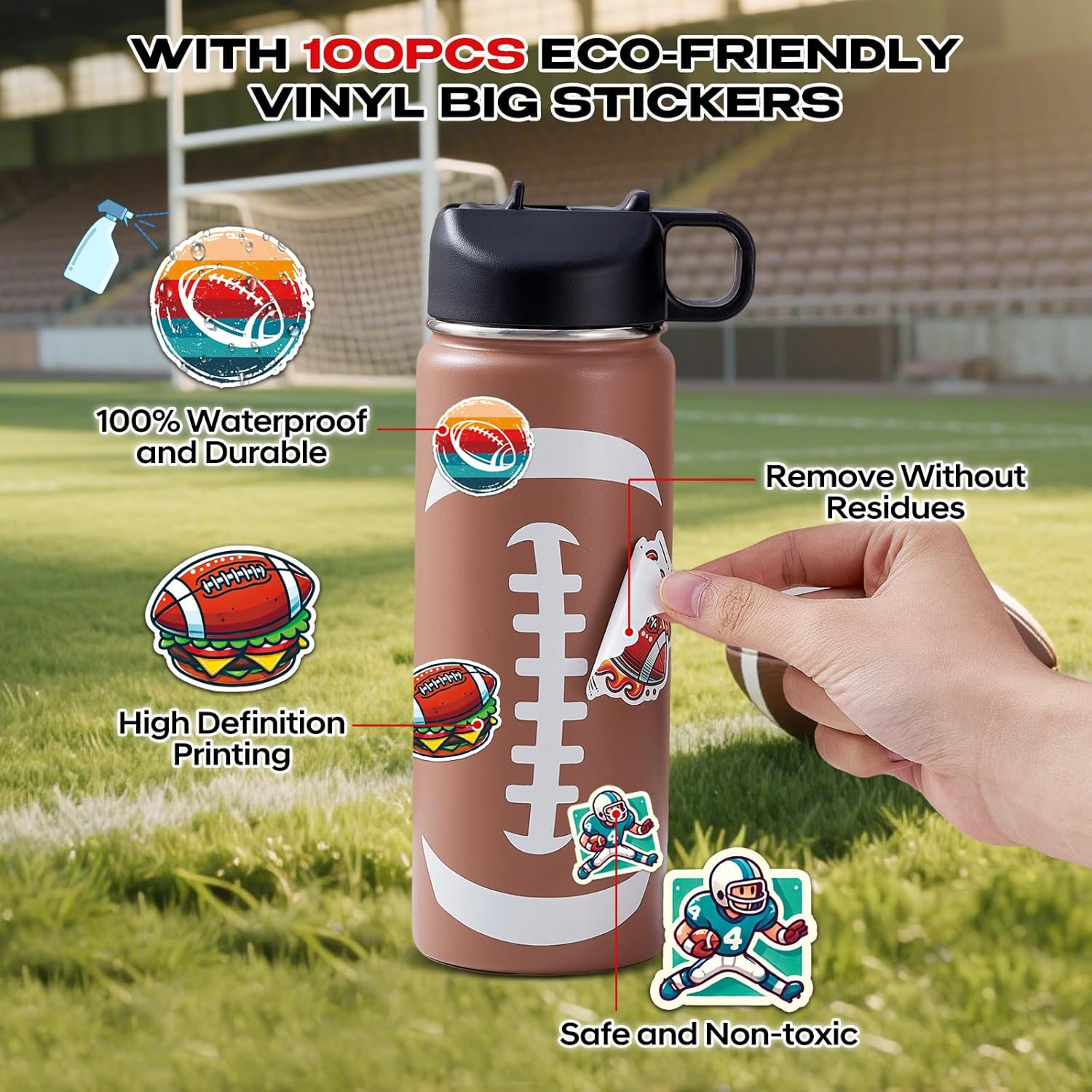 Football Water Bottles for Boys 18 oz and 100 PCS Football Stickers Sports Insulated Stainless Steel Water Bottle Footballs Accessories Stuff Gear Gifts For 8-12 12-14 Player - Image 4