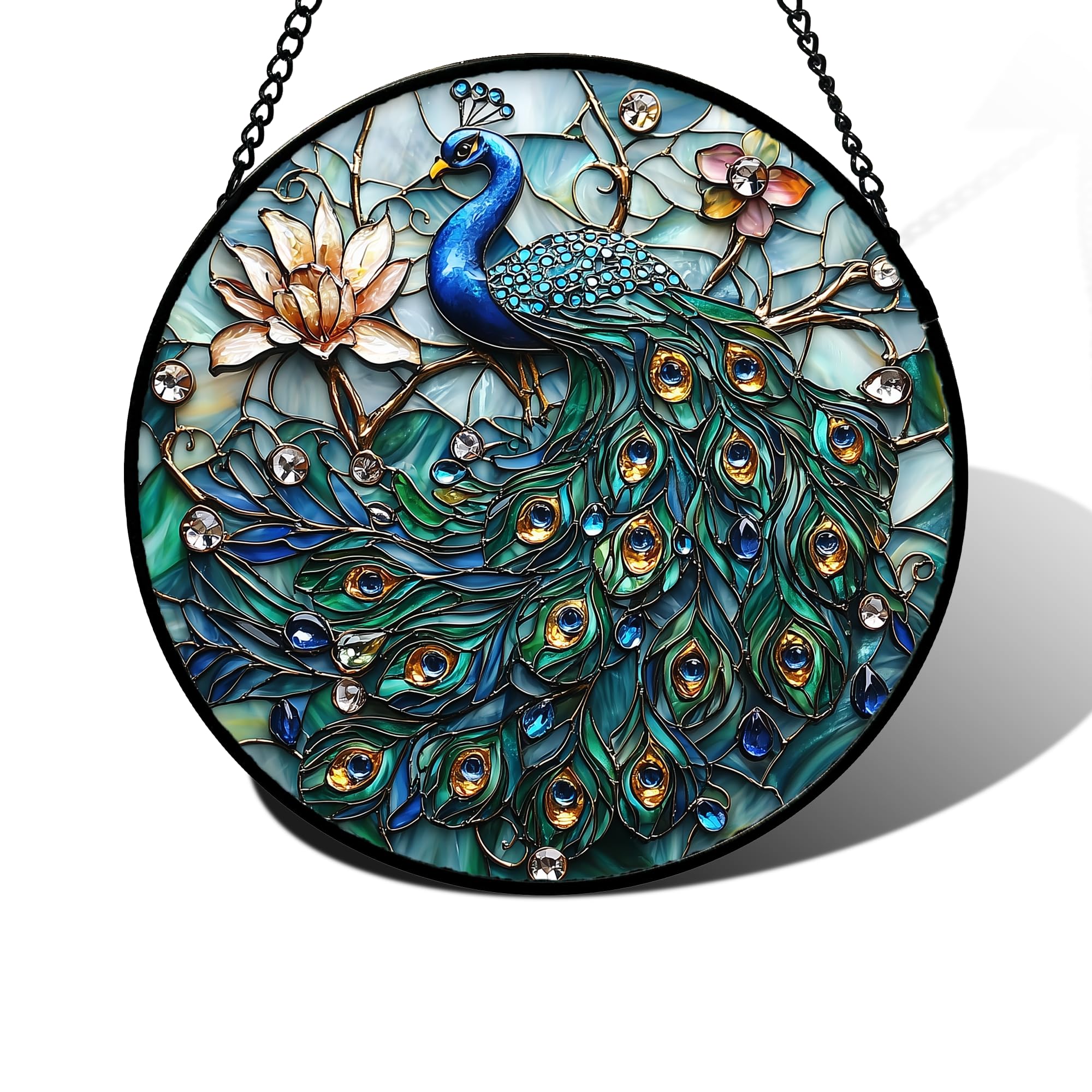 Peacock and Lotus Stained Glass Window Hanging Suncatcher Gifts Decor 12"