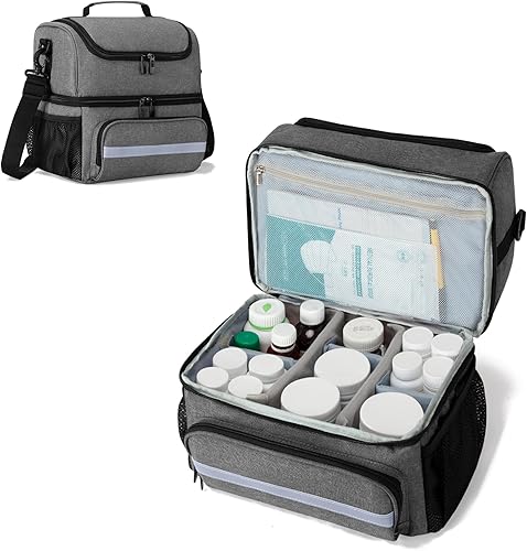 Miniatura 9 de CURMIO Bolsa de almacenamiento de medicamentos de doble capa, bolsa organizadora de botellas de píldoras con divisores internos, bolsa de viaje para