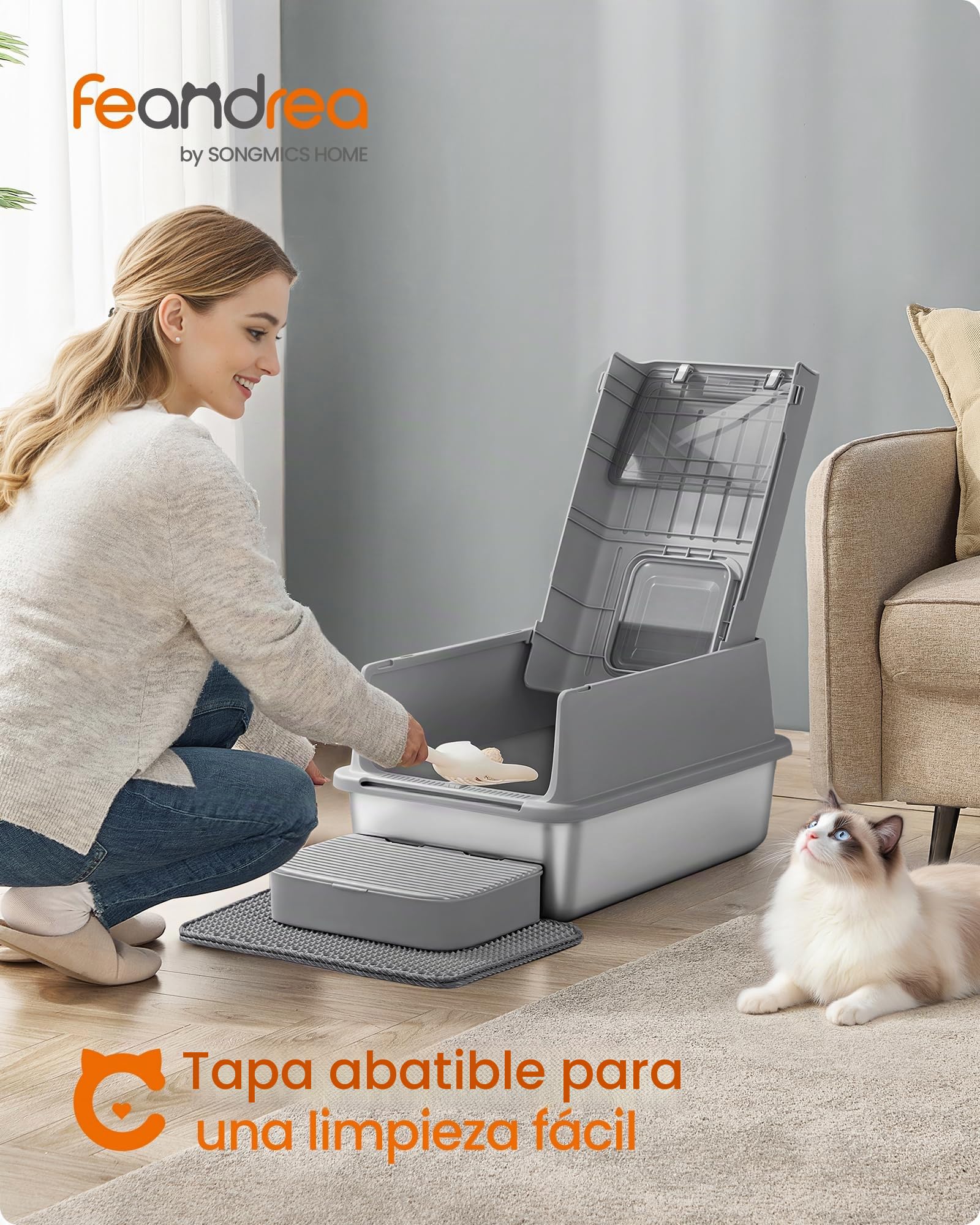 Feandrea Arenero para Gatos de Acero Inoxidable, Caja de Arena con Tapa, Incluye Pala, Alfombrilla y Dos Accesos, para Gatos de hasta 15 kg, Gris Paloma PPT007GN01