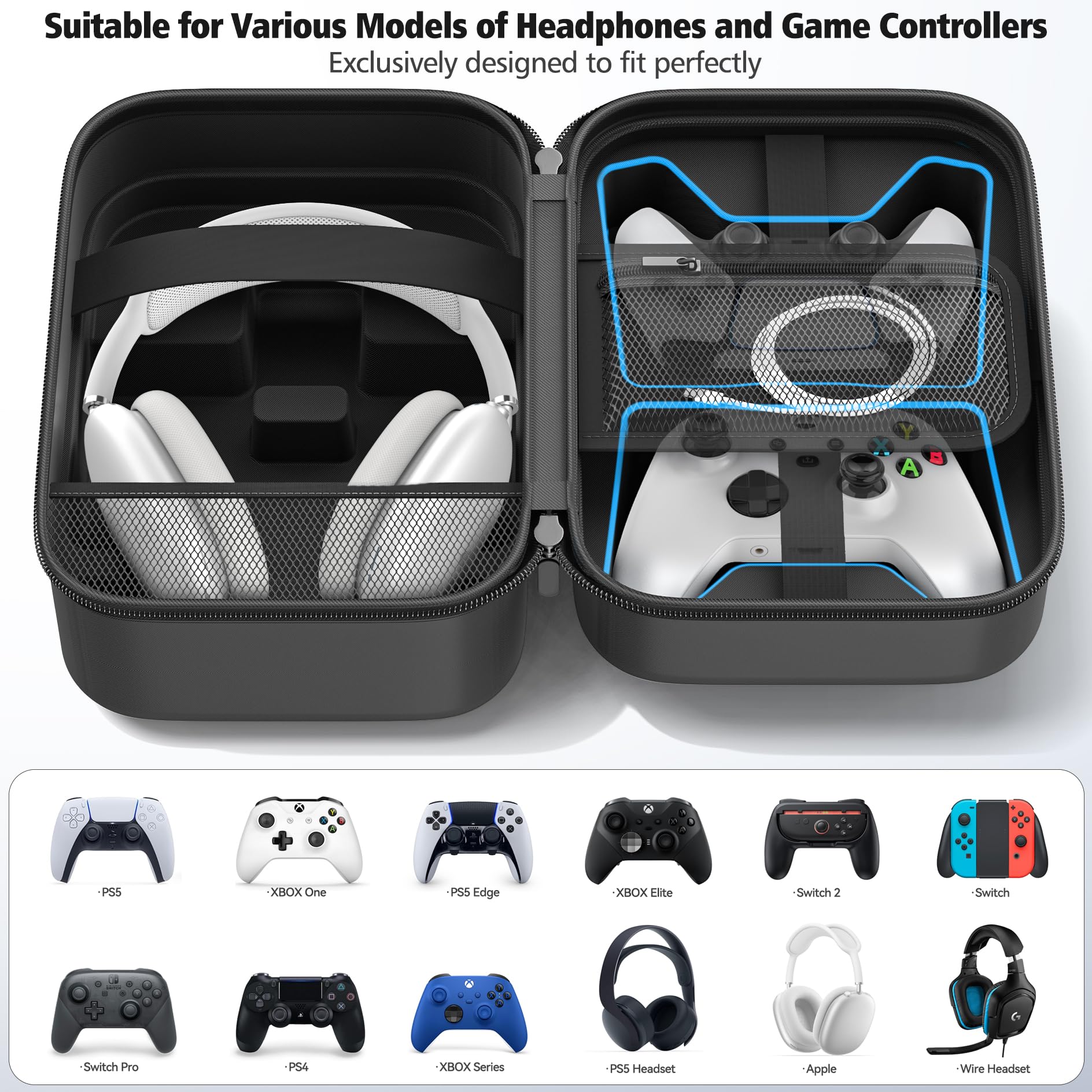 Custodia Universale per Cuffie e Controller, Custodia Rigida Protettiva per Controller PS5/PS4/Switch/Xbox, Grande Capacità Cuffie Borsa Portaoggetti con Tasca in Rete per Cavi