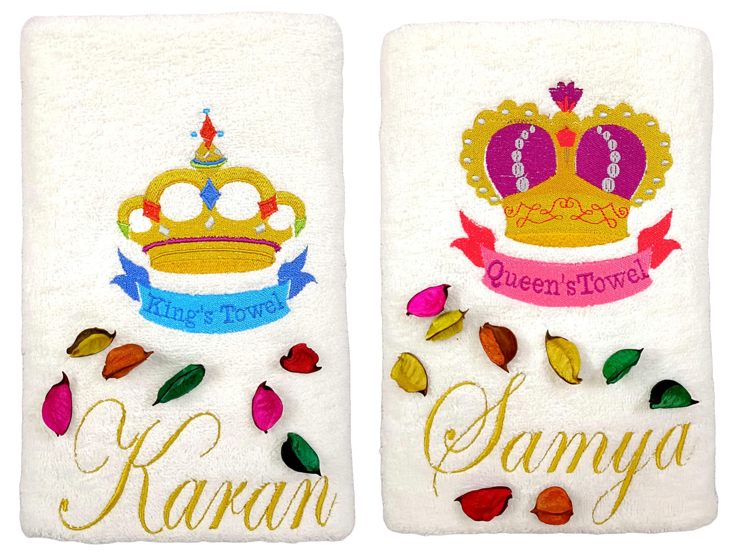 TurtleLittle, Cotton, King & Queen Crown Personalised Valentines Couple Bath Towel Set, 600 GSM (Set of 2, White)