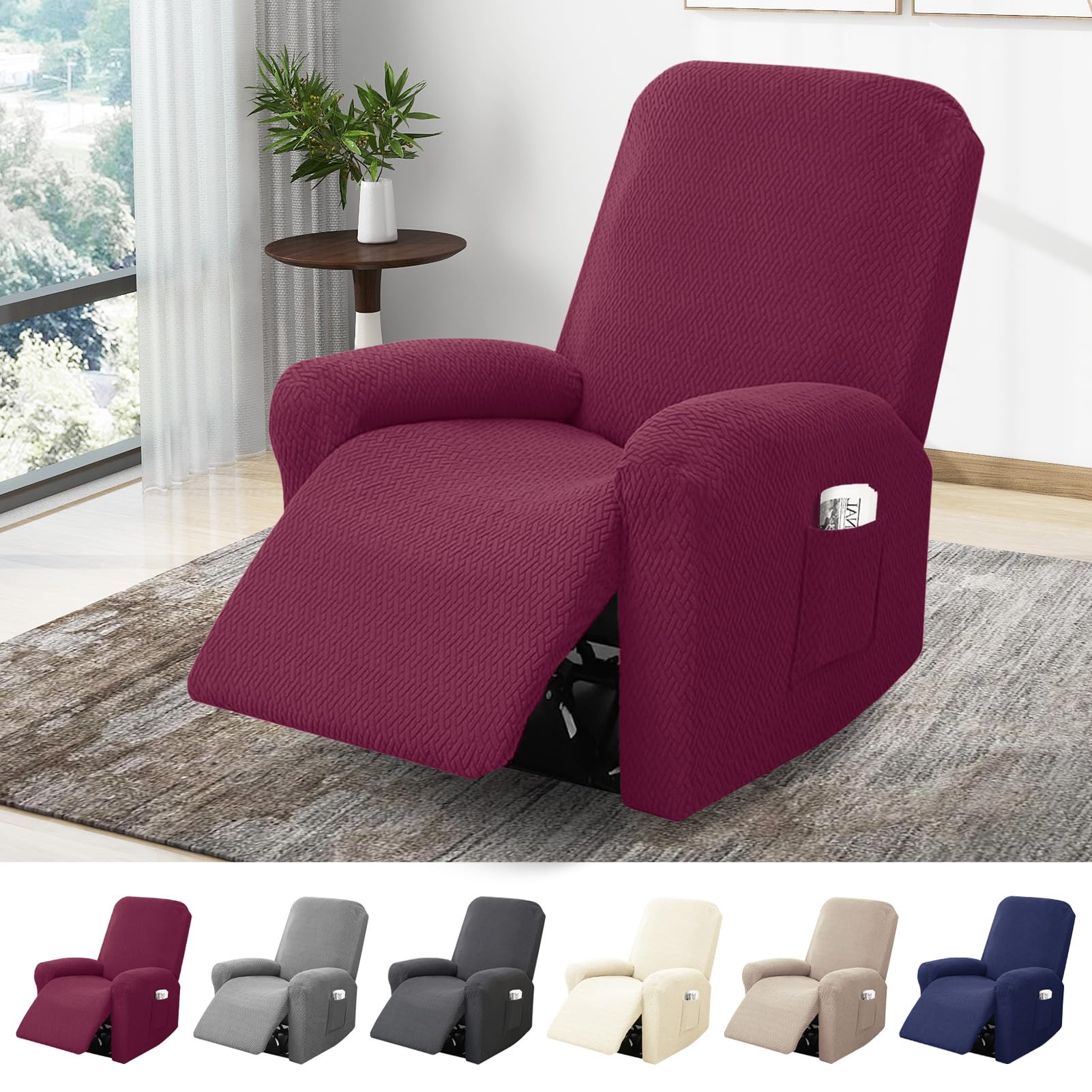 BOYIFEIJIE 1-Seater Recliner Chair Cover, All-Inclusive Striped Jacquard Armchair Slipcover with Pocket, Non-Slip Stretch Recliner Protector for Living Room Recliner Chair (Burgundy, 4-Pieces) — image 1