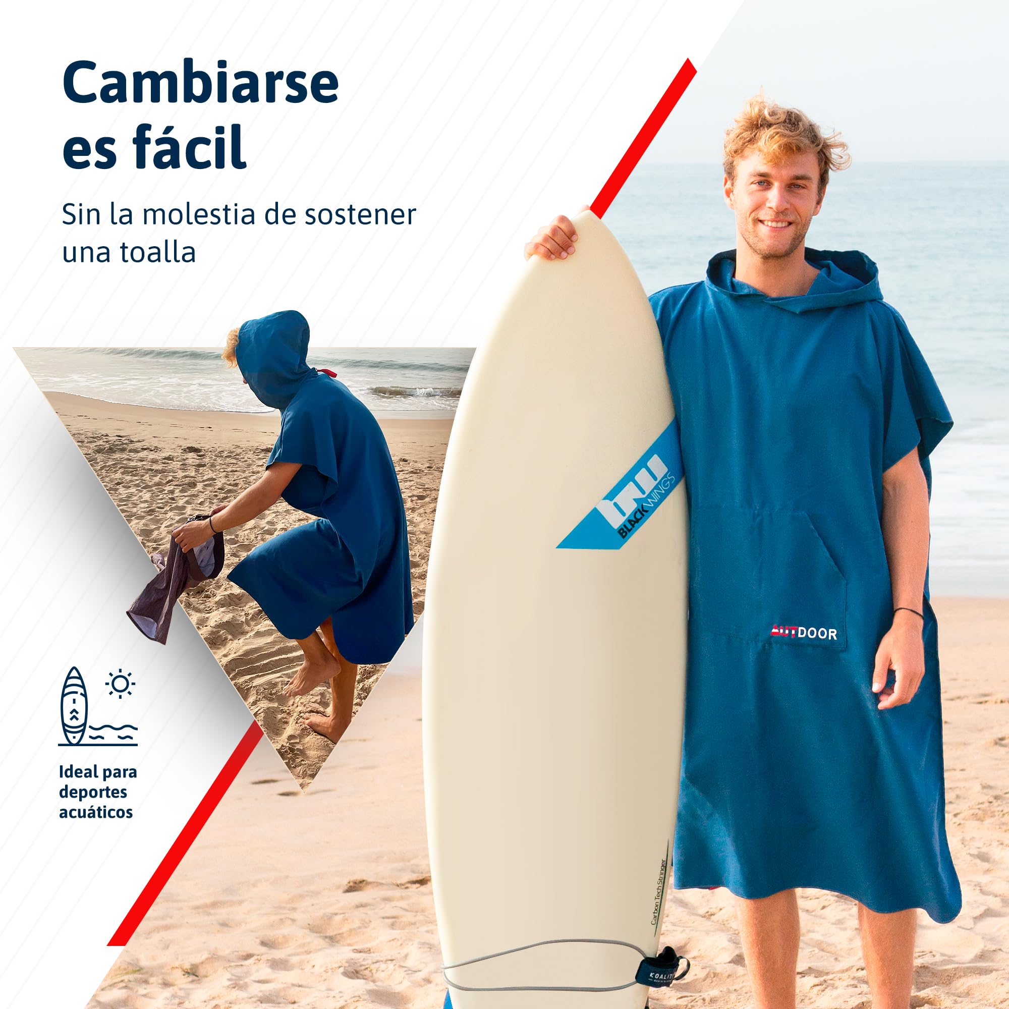 AUTDOOR® Poncho Surf - Fabricado a Partir de Botellas de plástico recicladas - Toalla de Piscina compacta, Ligera y de Secado rápido Ideal para natación y Deportes acuáticos (Azul, Mediano)
