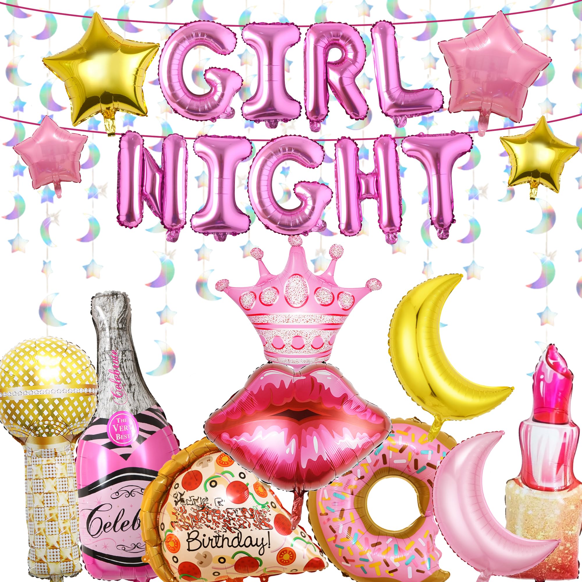 24PCS Girl Night Party Decorations - Girls Night Balloons Banner Crown Lipstick Lip Donut Pizza Star Moon Foil Balloons Garland for Slumber Pyjama Sleepover Spa Theme Party Supplies
