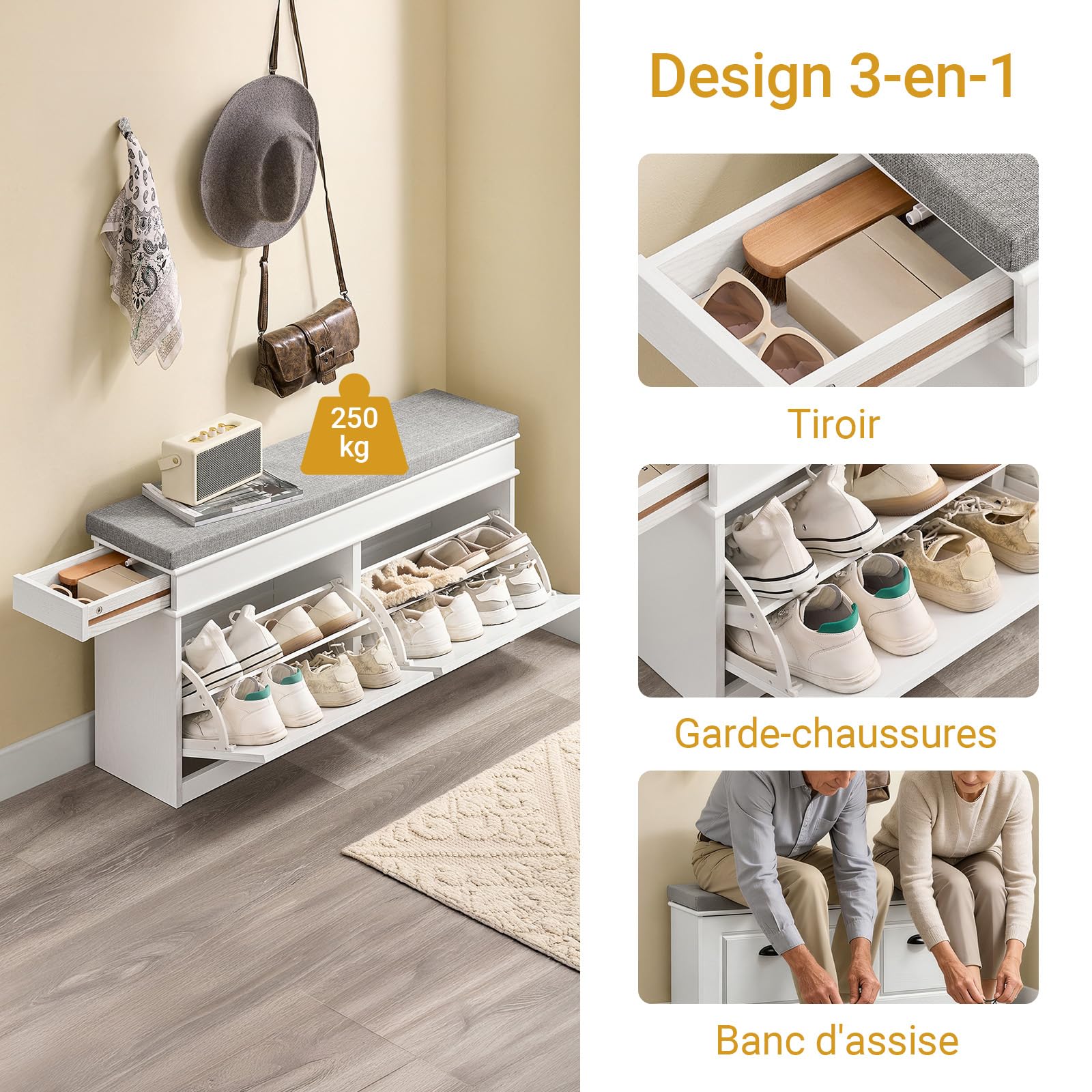 SoBuy Banc Chaussures avec Coussin 104x24x54cm pour Entrée | Meuble à chaussures 2 abattants, coffre étagère pour entrée étroite, effet bois vieilli blanc FSR64-WG